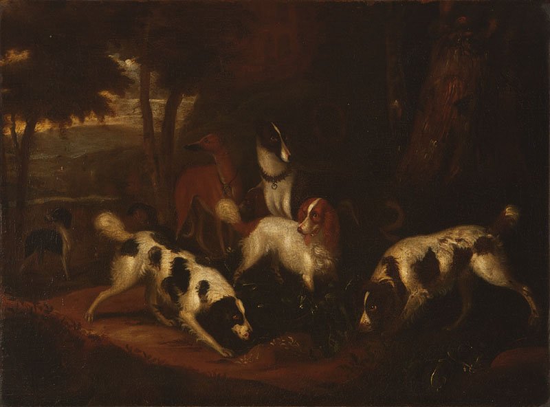 Early 19th Century British School: Setters on a Hunt, appears unsigned, oil on canvas, 17'' H x 23'' W, est:$1000/2000. Provenance: Property of Minerva Hamilton Hoyt, South Pasadena, CA; by descent in the family to the present owners