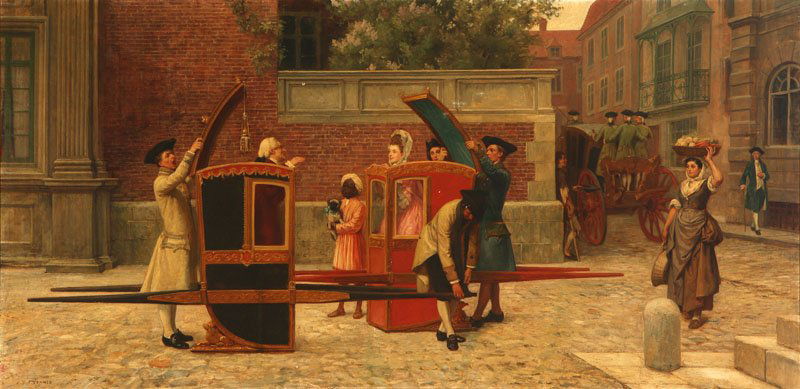 William Frederick Yeames (1835-1918): The Latest Scandal, Two Figures in Litters Meeting on a Street, signed lower left: W.F. Yeames, oil on canvas laid to board with supporting stretchers, 24'' x 48'', est:$4000/6000. Note: The present w