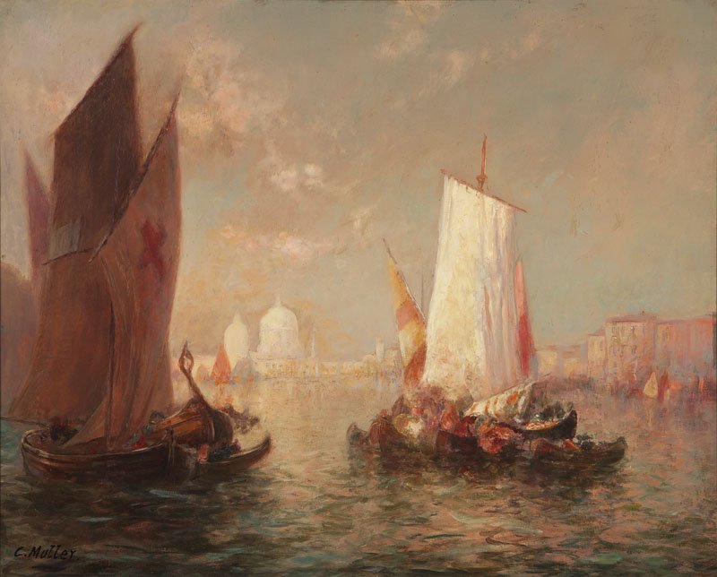 Carl Muller (1862-1938): Boats in Venice Harbor, signed lower left: C. Muller, oil on canvas, 15.5'' x 19.5'', est:$800/1200. Provenance: Private Collection, Whittier, CA; Sold to benefit a local scholarship fund