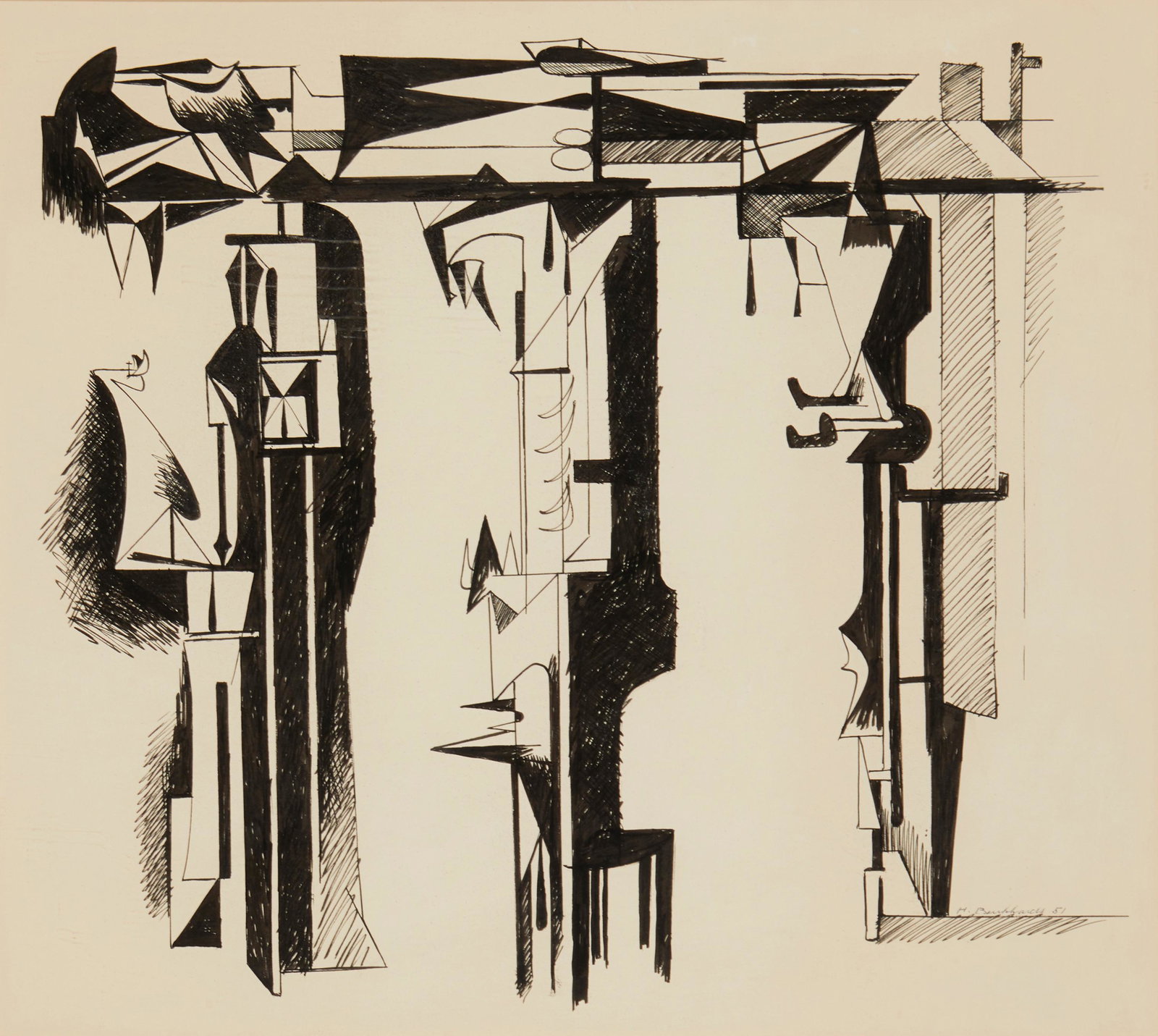 Hans Burkhardt (1904-1994), Abstract, 1951, Ink on paper, Sight: 21.25" H x 23.25" W: Hans Burkhardt(1904-1994)Abstract, 1951Ink on paperSigned and dated in ink lower right: H. BurkhardtSight: 21.25" H x 23.25" W Provenance: Treasured Estates, Solvang, CA
