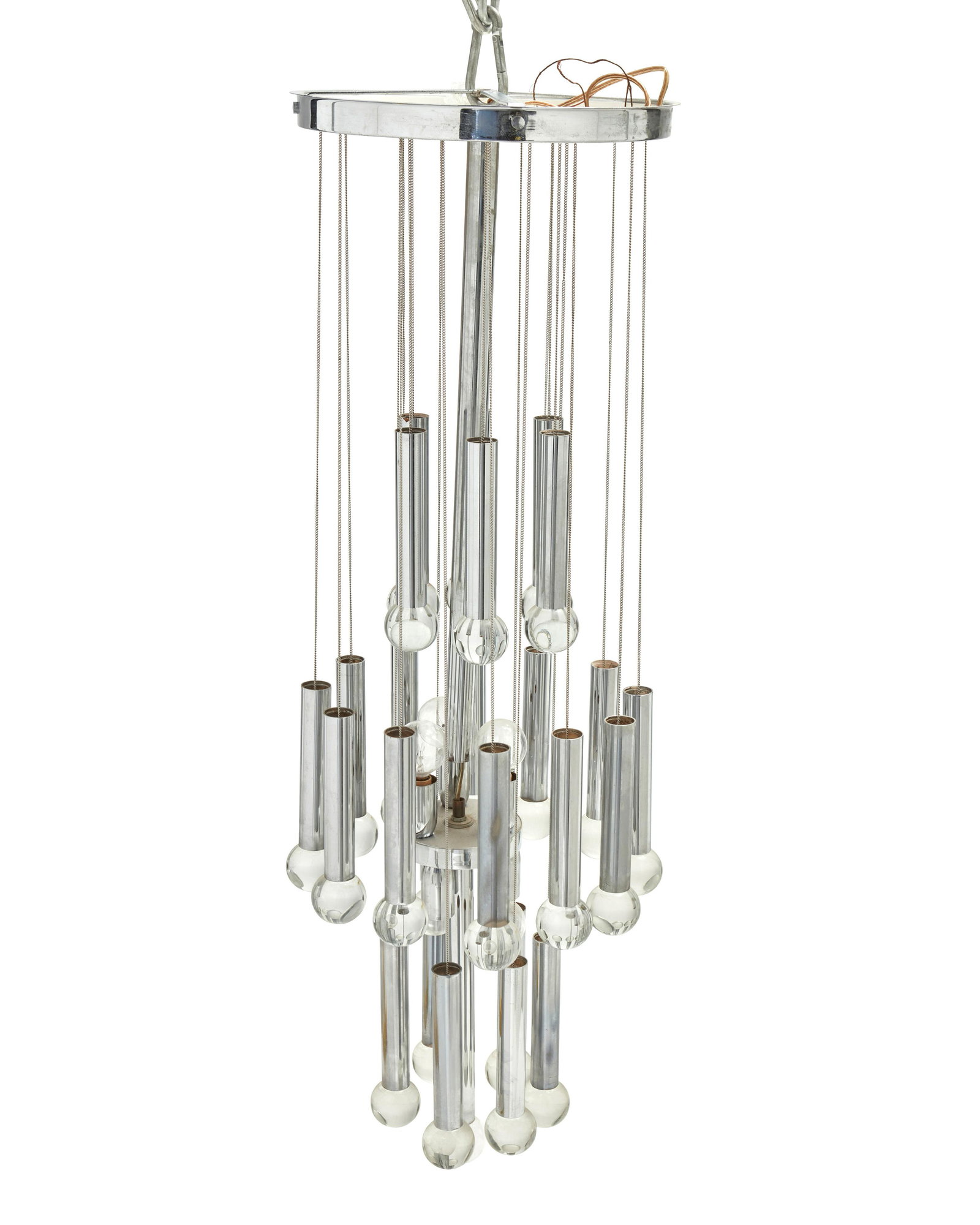 Gaetano Sciolari (1927-1994), An Italian chrome and glass chandelier, circa 1960s-1970s, 39" H x: Gaetano Sciolari (1927-1994)An Italian chrome and glass chandelier, circa 1960s-1970sAppears unmarkedThe seven-light hanging chandelier with twenty-four chromed metal batons suspended by various lengt