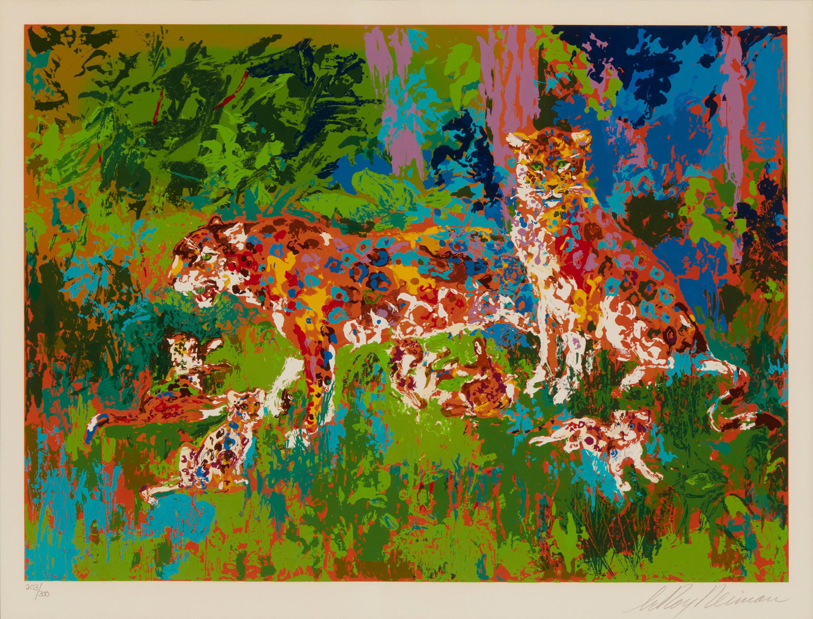LeRoy Neiman (1921-2012), "Jaguar Family," 1980, Screenprint in colors on paper, Image: 17" H x 23": LeRoy Neiman (1921-2012) "Jaguar Family," 1980 Screenprint in colors on paper Edition: 203/300 Signed and numbered in pencil in the lower margin: LeRoy Neiman Image: 17" H x 23" W;