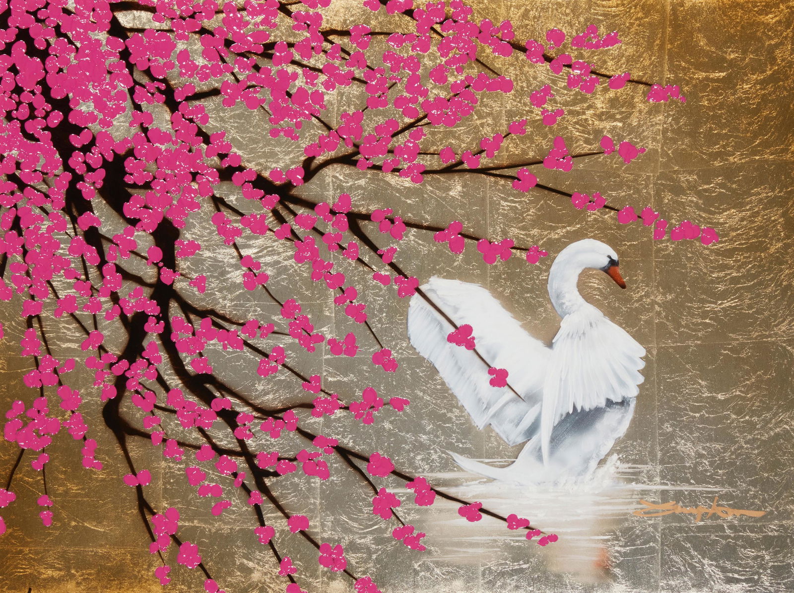 Patrick Guyton (b. 1964), "Swan with Blossom," Mixed media on artist board, Sight: 17.5" H x 23.5" W (1 of 6)