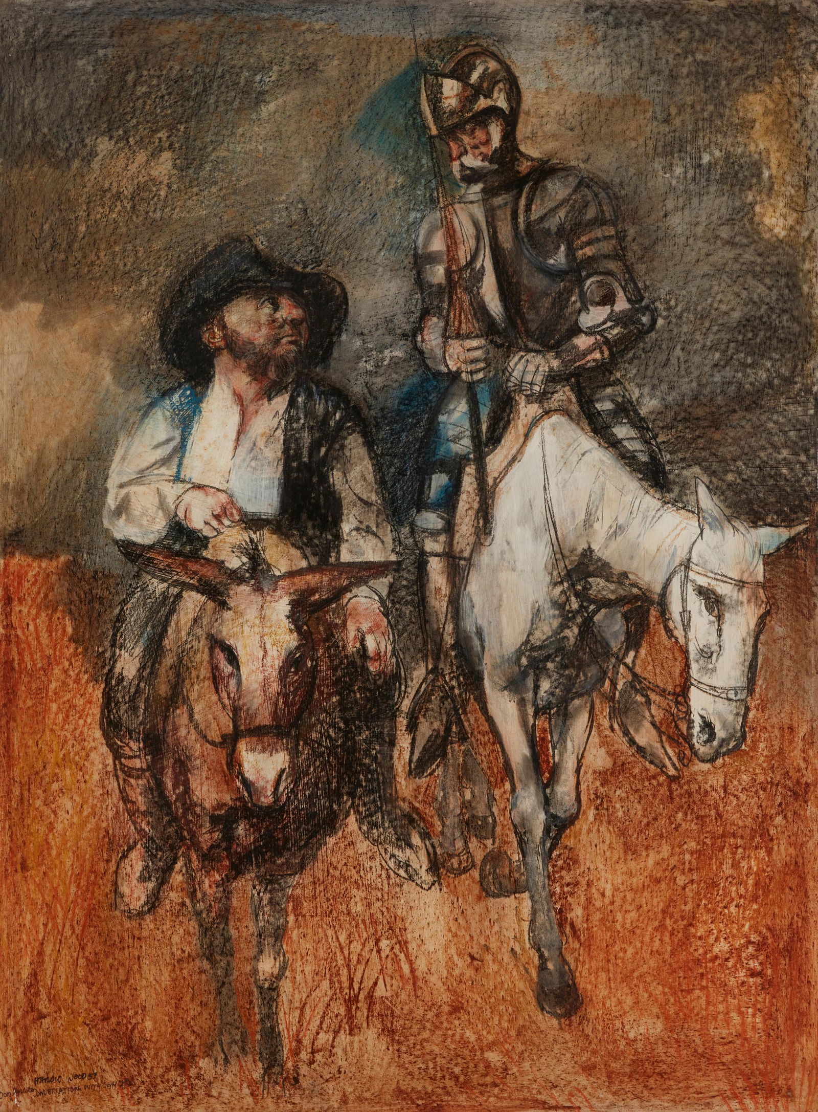 Harold Wood (1918-2004), "Don Quixote Conversation with Sancho," Mixed media on Masonite, circa: Harold Wood(1918-2004)"Don Quixote Conversation with Sancho," circa 1950Mixed media on MasoniteSigned, titled, and indistinctly dated lower left: Harold Wood46" H x 34" W