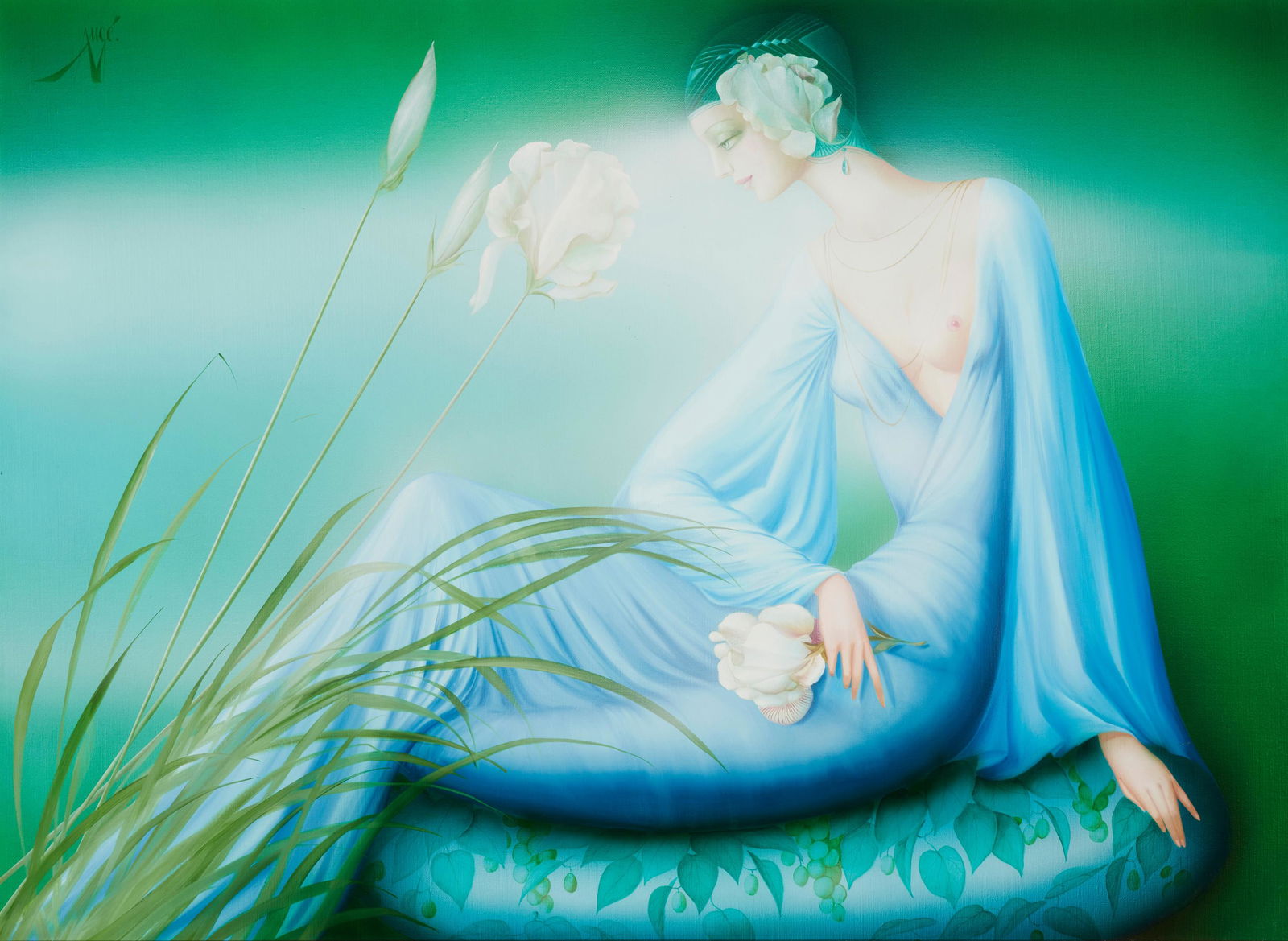 Philippe Auge (b. 1935), Woman resting near a garden, Oil on canvas, 35" H x 46" W (1 of 8)