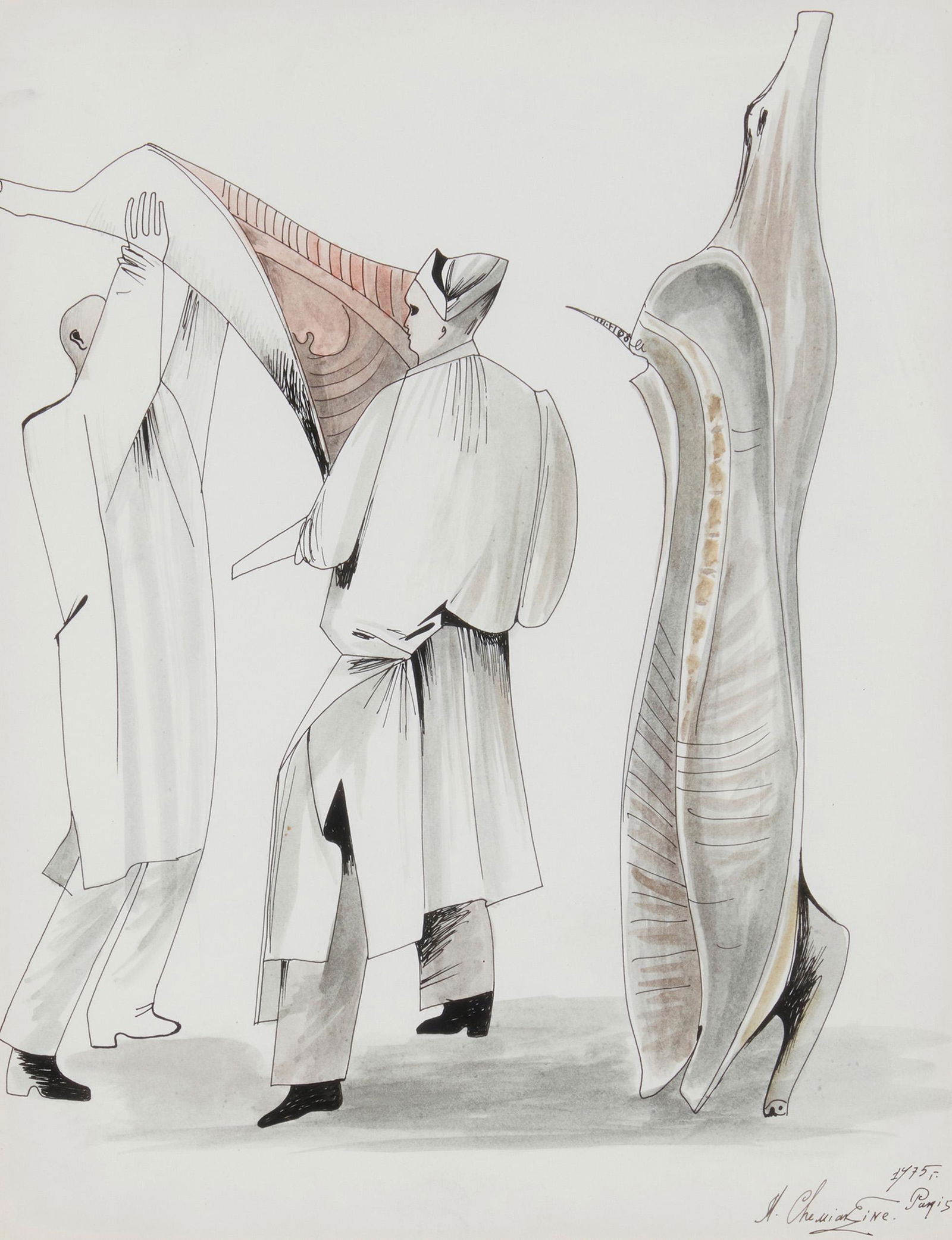Mihail Chemiakin (b. 1943), "Butchers of Paris," 1975, ink and watercolor on paper, Sight: 12" H x (1 of 6)