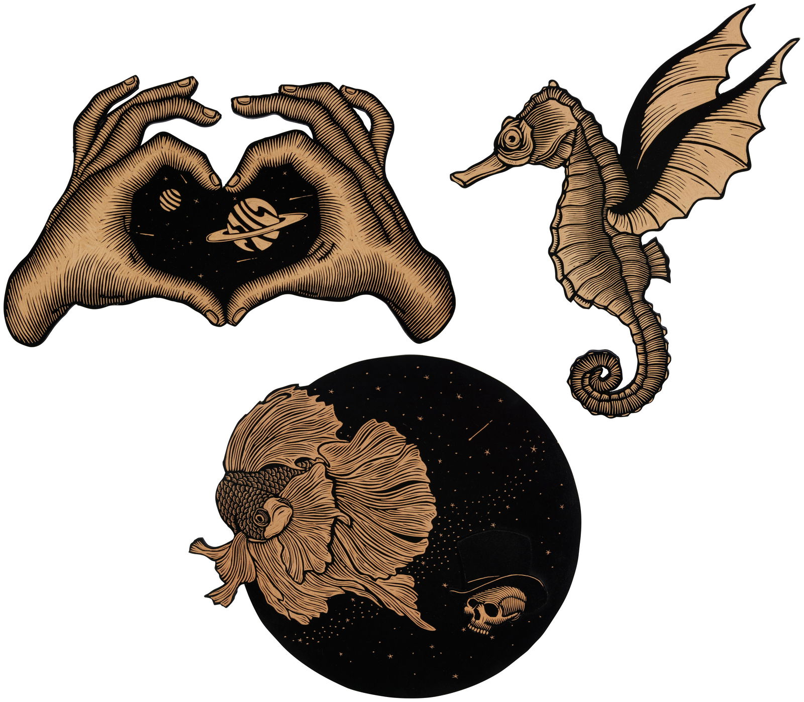 Fidel Solorzano (b. 20th century), Winged seahorse, 2023; Galaxy within the heart of two hands, 2023 (1 of 11)