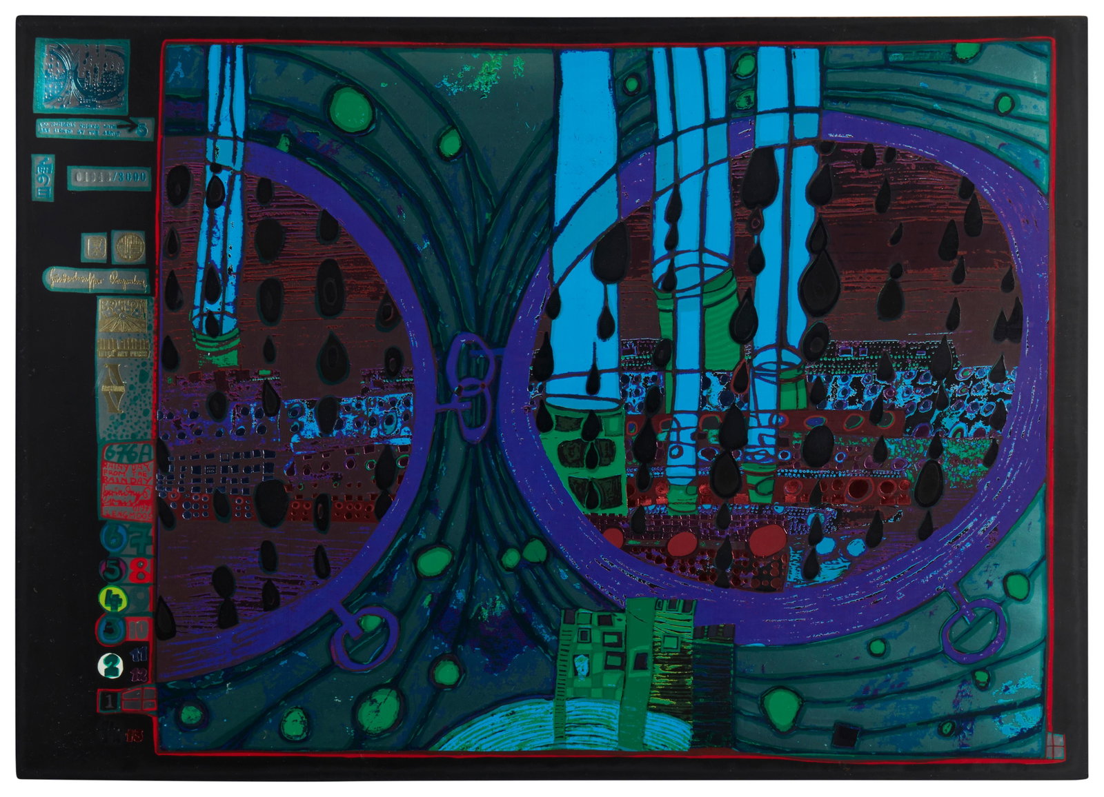 Friedensreich Hundertwasser (1928-2000), Untitled from "Look at it on a Rainy Day (Regentag: Friedensreich Hundertwasser (1928-2000) Untitled from "Look at it on a Rainy Day (Regentag Portfolio)," 1970-72 Screenprint in colors with metallic embossing on paper Edition: 1943/3000 Sign