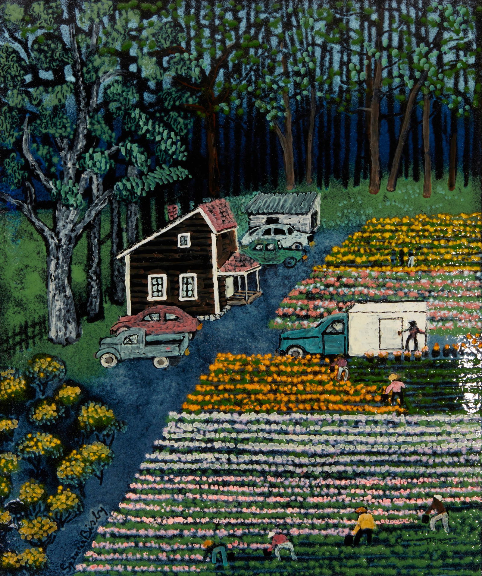 Spencer Bisby (1908-1989), Farmhouse and flowerbeds, Enamel on copper, 13.25" H x 11" W (1 of 5)