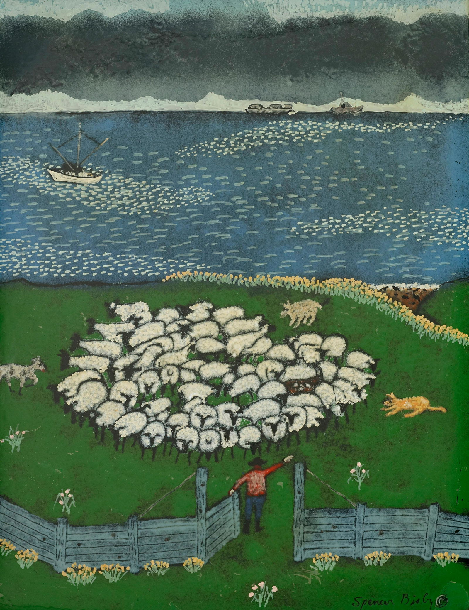 Spencer Bisby (1908-1989), Sheep by the sea, enamel on copper, 14" H x 11" W (1 of 5)
