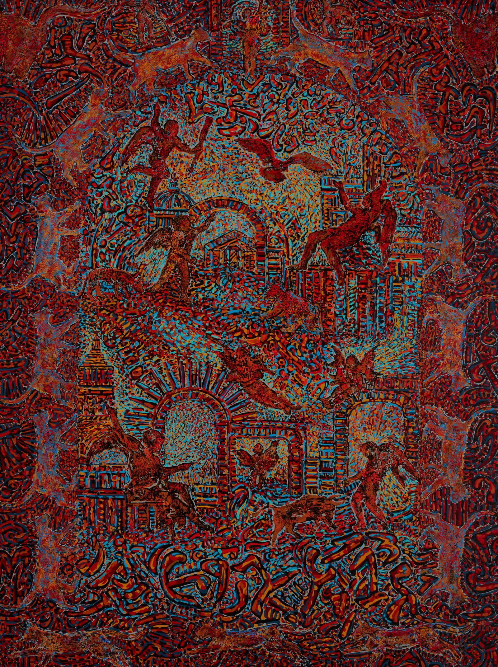 Beatrice Bescond (b. 1956), "Porte Rogue," 1988, Oil on canvas, 51" H x 38" W: Beatrice Bescond (b. 1956) "Porte Rogue," 1988 Oil on canvas Signed, titled, and dated verso: BESCOND Beatrice 51" H x 38" W