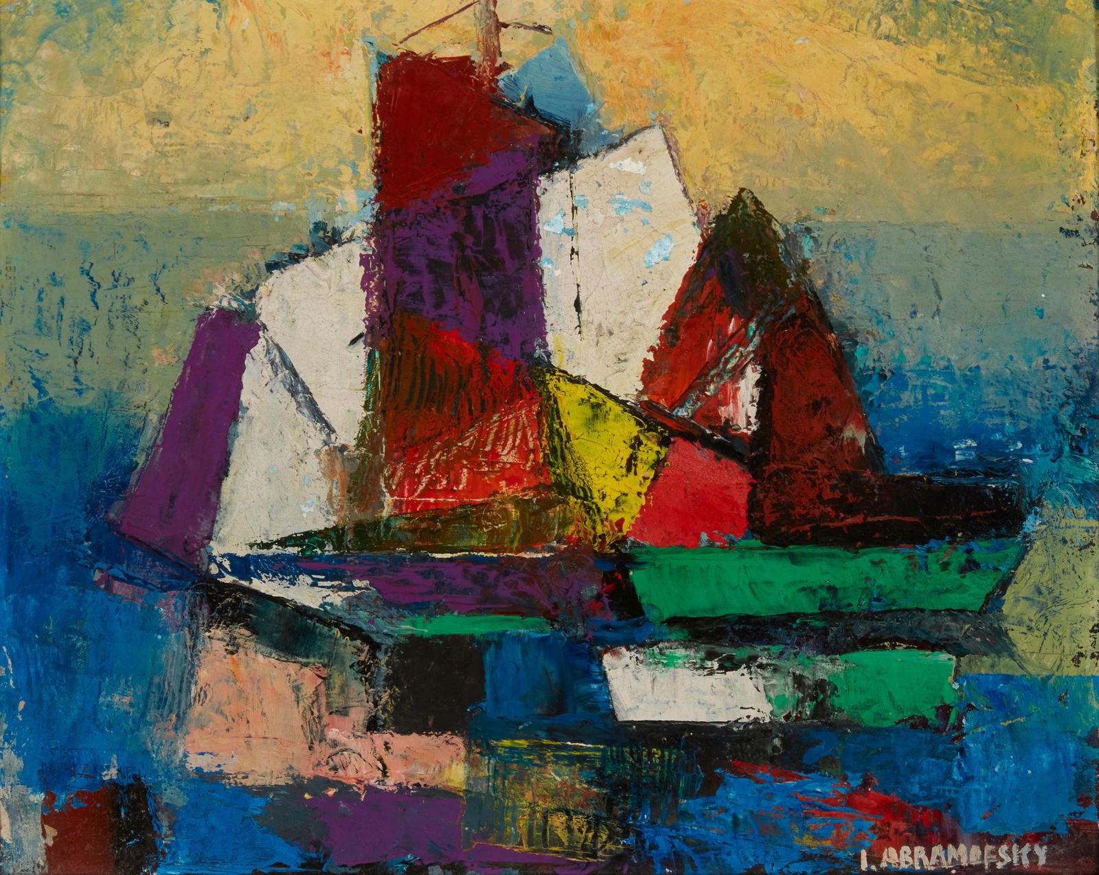 Israel Abramofsky (1888-1975), Abstract, Oil on artist board, 8.75" H x 10.25" W: Israel Abramofsky(1888-1975)AbstractOil on artist boardSigned lower right: I. Abramofsky8.75" H x 10.25" W Other notes: On the verso of the artist's board is a drawing of a figure's face in