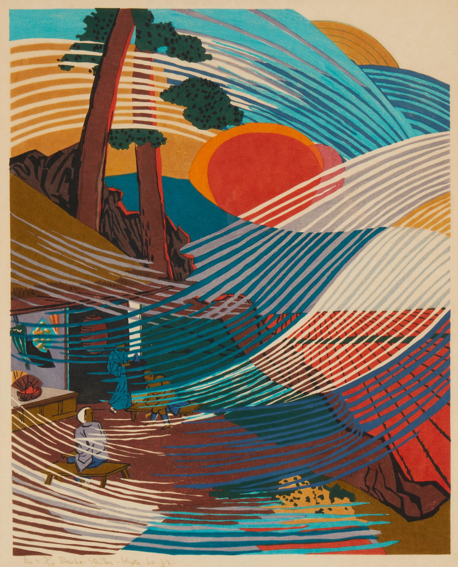 Stanton MacDonald-Wright (1890-1973), "Bright red sun cruelly hot but the wins is of utumn,": Stanton MacDonald-Wright(1890-1973)"Bright red sun cruelly hot but the wind is of autumn," 1966-1967Woodcut in colors on mulberry paperEdition: 5/50Signed, dated, numbered, and inscribed in