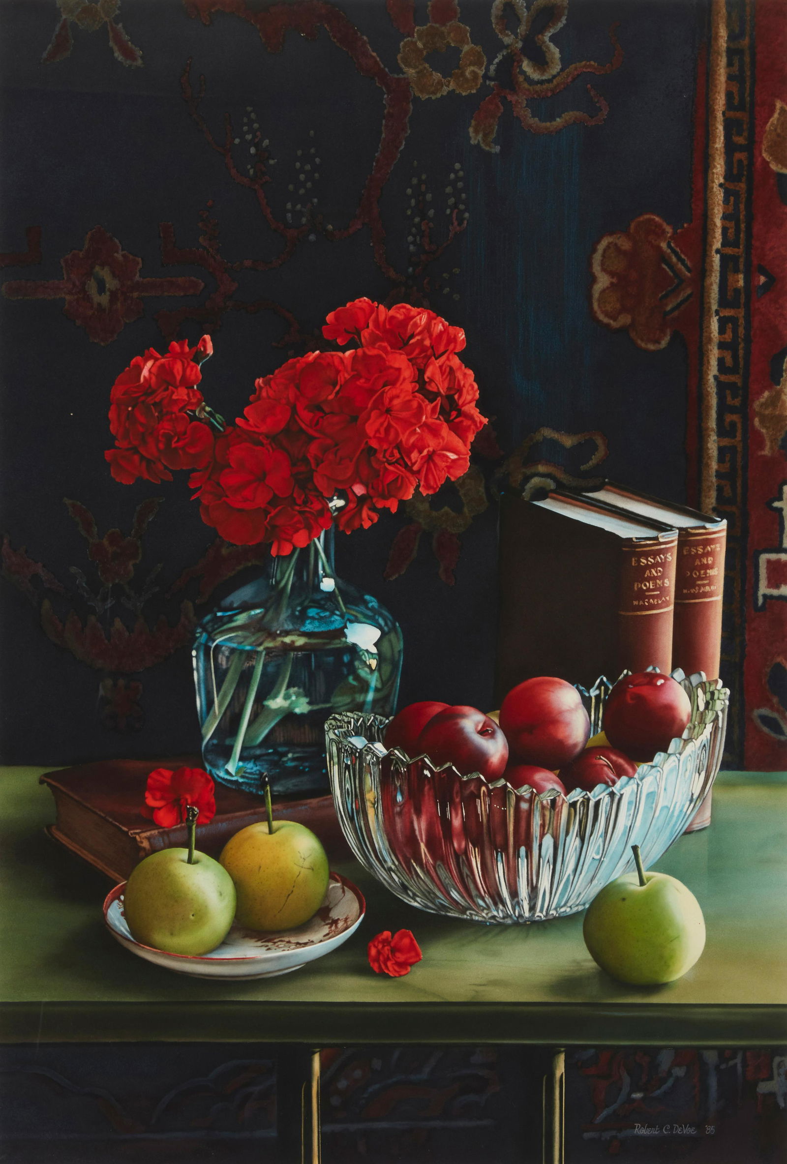 Robert C. DeVoe (b. 1934), Still life of red flowers and apples, Watercolor on paper, Image: 30.5" H (1 of 5)