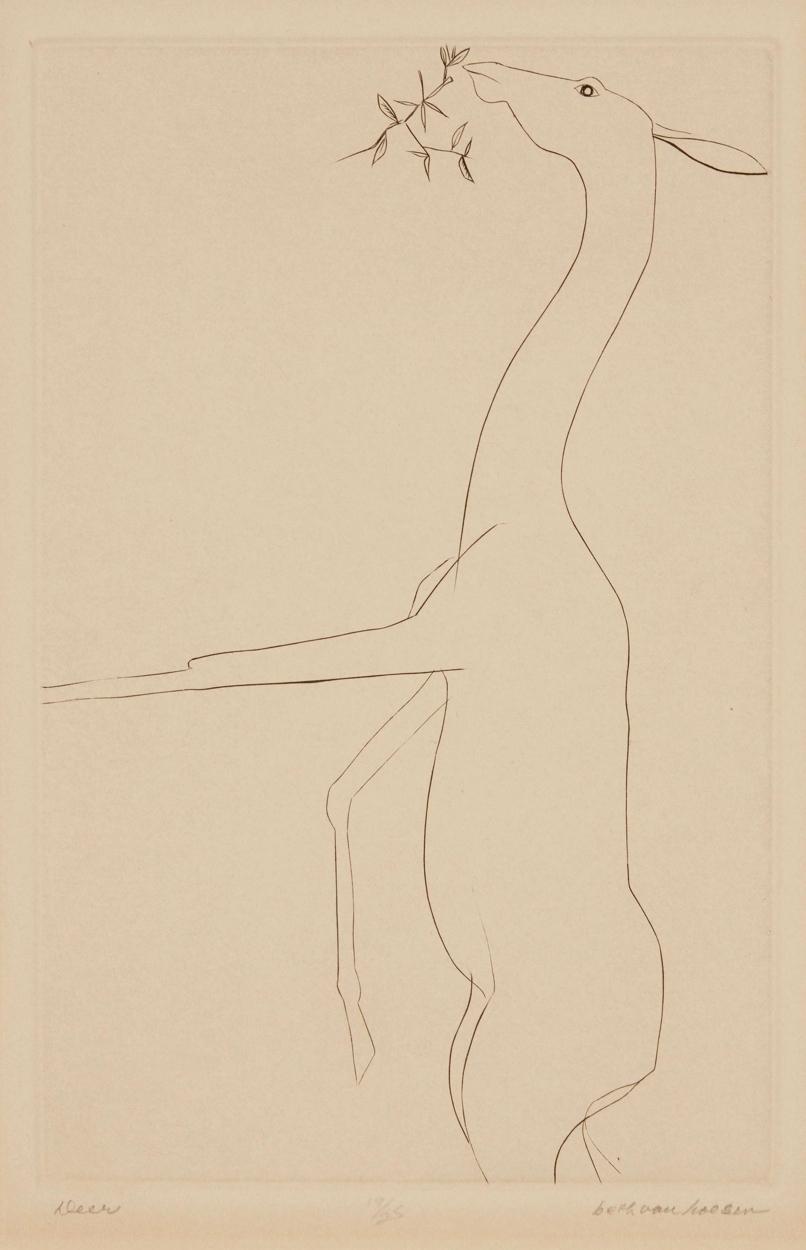 Beth Van Hoesen (1926-2010), "Deer," etching on wove paper, watermark Arches, Plate: 9.25" H x 5.75" (1 of 6)