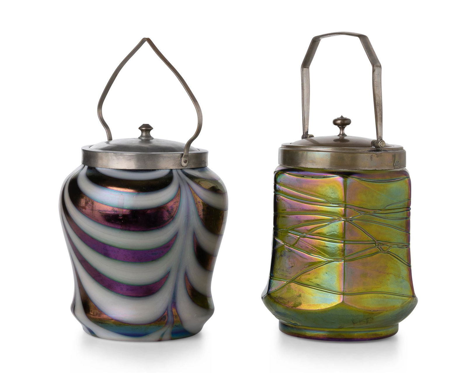 Two Loetz-style art glass biscuit barrels (1 of 2)