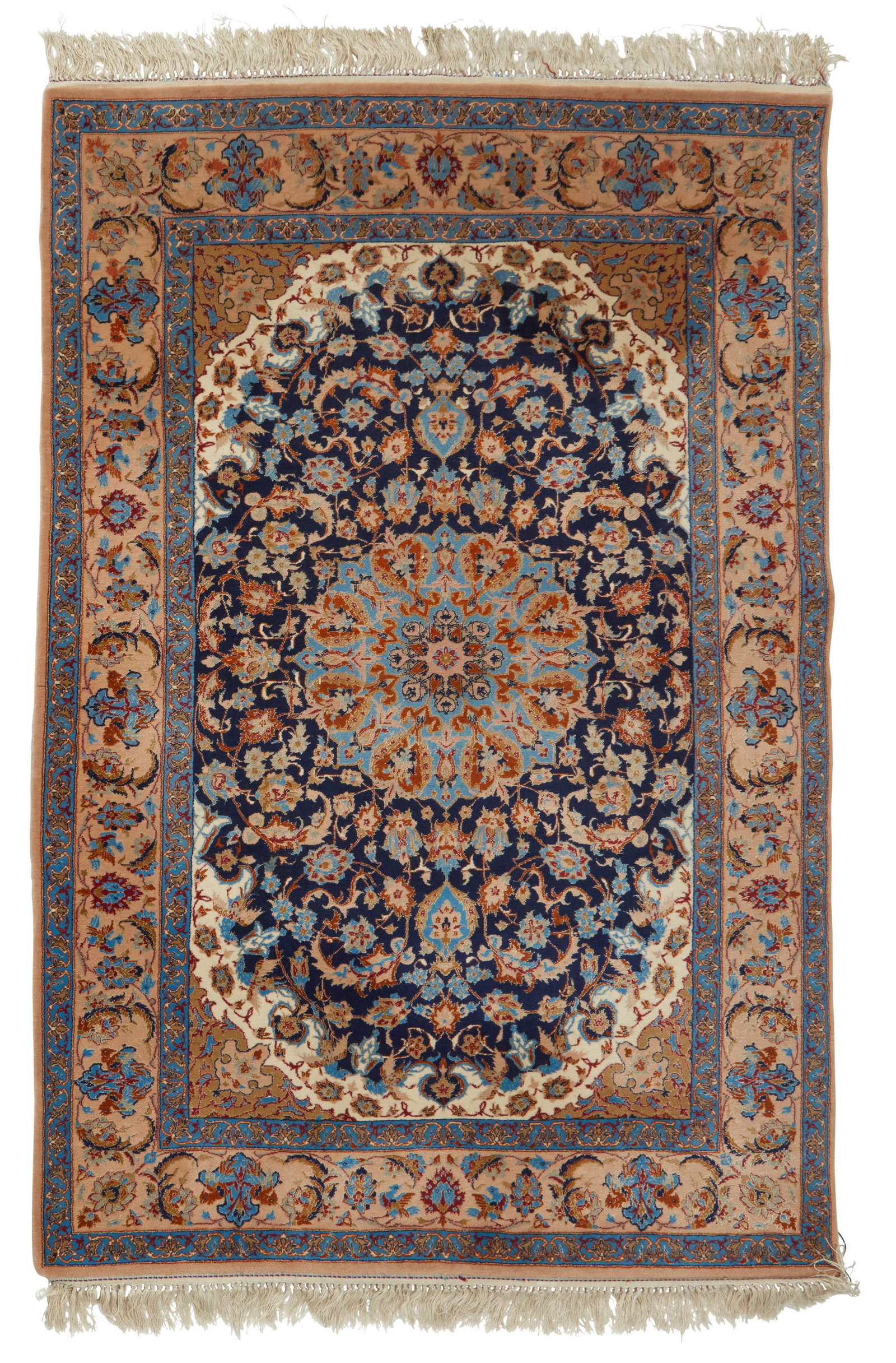 An Iranian area rug: An Iranian rug Late 20th century; Iran Wool on cotton foundation, with polychrome floral and bird motifs centering a medallion in hues of blue, pink, and ivory 5' L x 3' 6" W