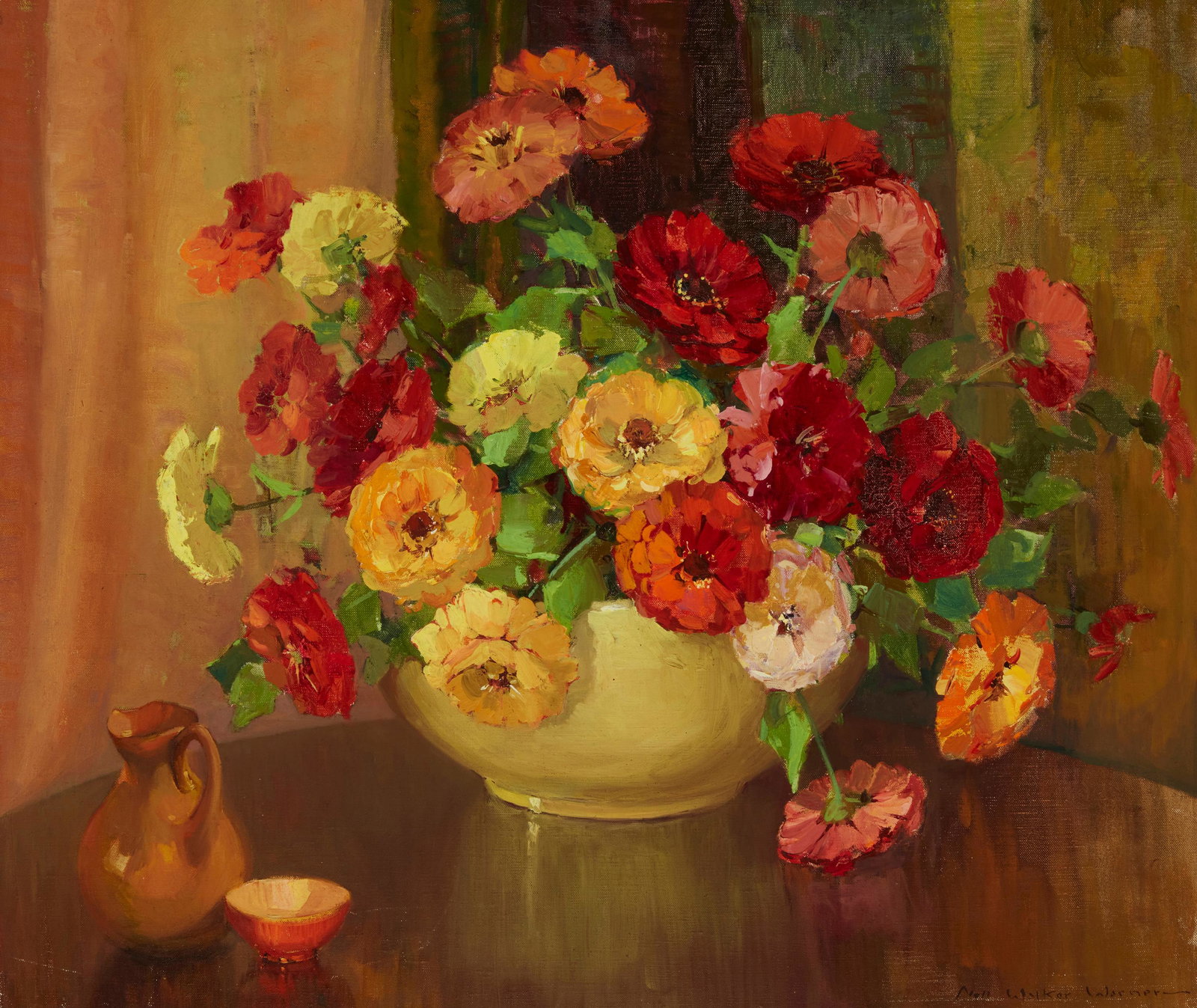 Nell Walker Warner (1891-1970), Still life with flowers, Oil on canvas, 25.25" H x 30" W: Nell Walker Warner(1891-1970)Still life with flowersOil on canvasSigned lower right: Nell Walker Warner25.25" H x 30i W