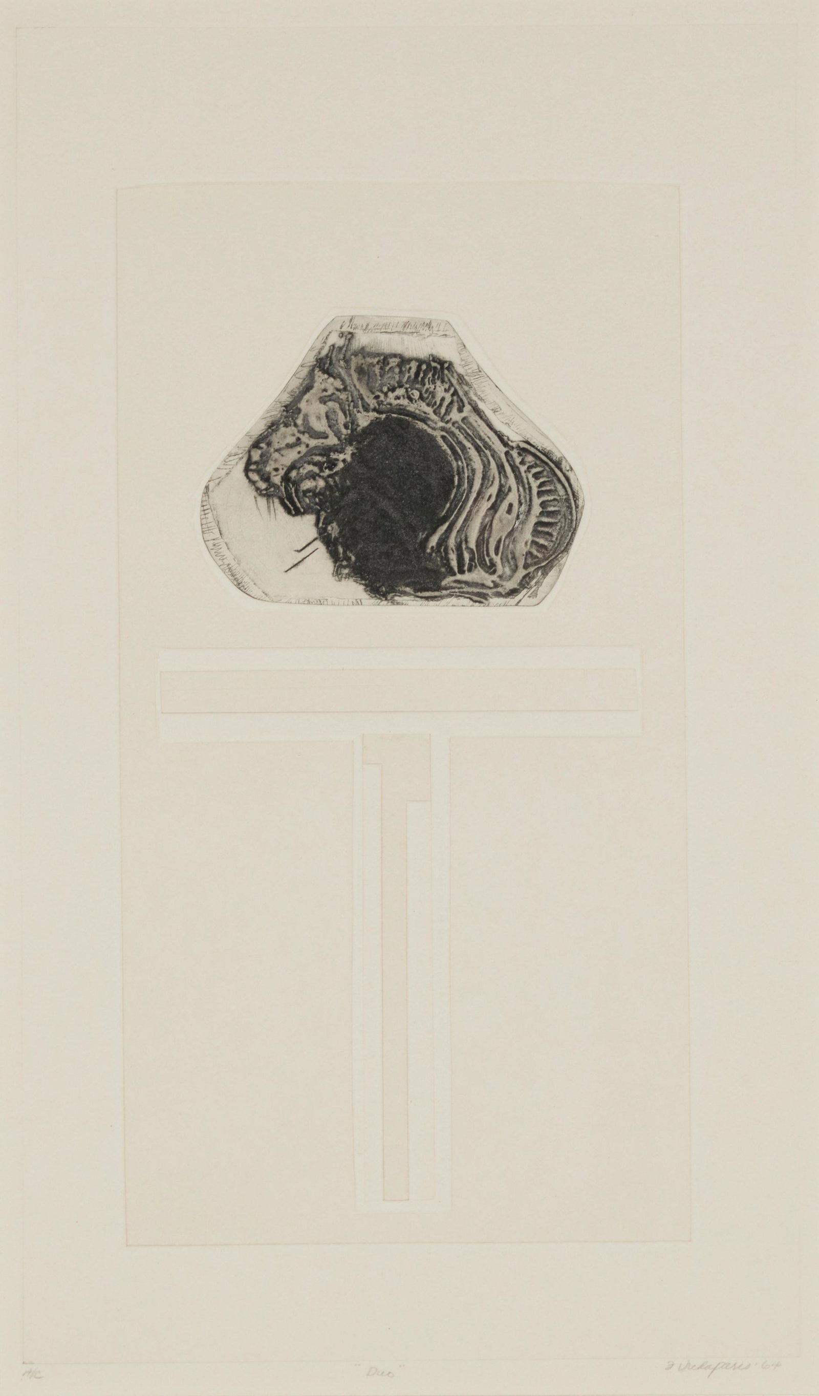 Frieda Vredaparis (b. 1928), "Duo," 1964, Embossed graphite and etching on paper, Sight: 15.75" H x (1 of 7)
