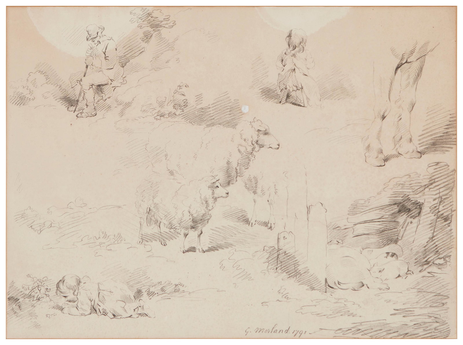 After George Morland, Field sketches of a shepherd, children and farm animals, most likely etched by: After George Morland(1763-1804)Field sketches of a shepherd, children, and farm animals, most likely etched by Joshua Kirby BaldreyCrayon manner soft-ground etching on paper laid to paperSignature and