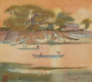 Millard Owen Sheets (1907-1989), "Taiwan," 1958, Watercolor on paper, Image/Sheet: 9.5" H x 10.75" W: Millard Sheets(1907-1989)&quot;Taiwan,&quot; 1958Watercolor on paperSigned, titled, and dated in ink along the lower edge: Millard Sheets; and with the artist's red chopmark lower leftImage/Sheet: 9.5