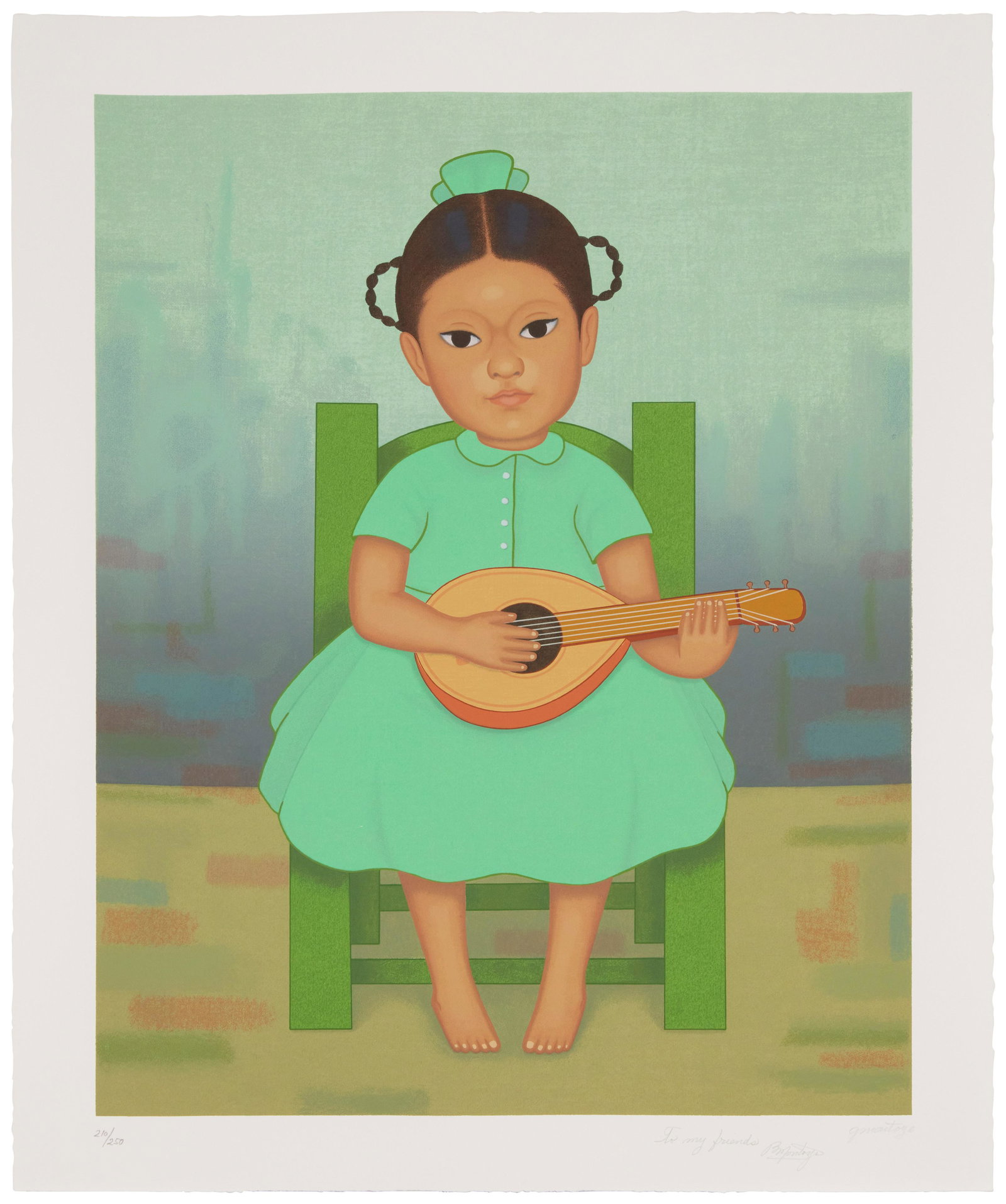 Gustavo Montoya (1905-2003), Girl in green with mandolin, Screenprint in colors on wove paper, (1 of 10)