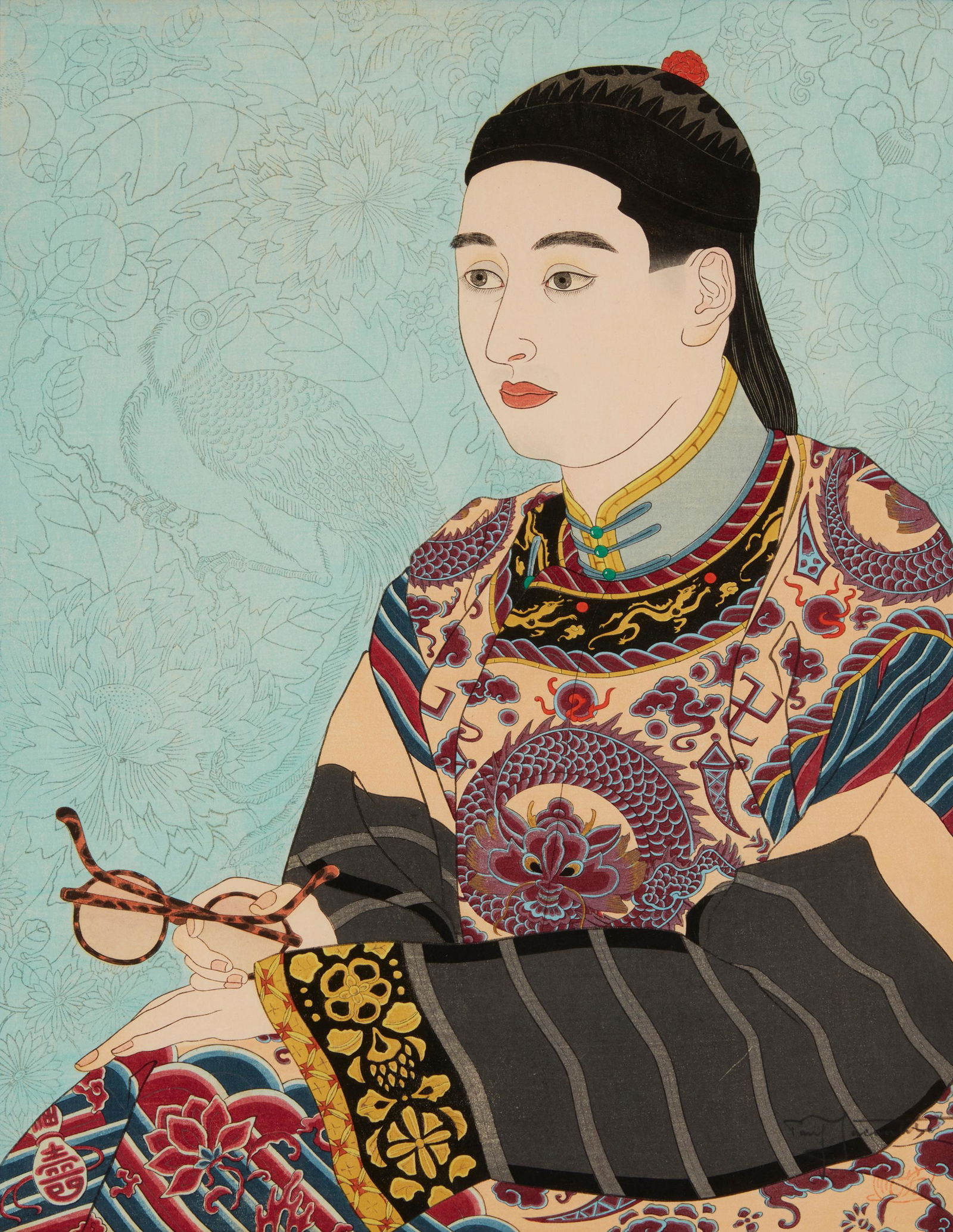 Paul Jacoulet (1902-1960), "Le Mandarin aux Lunettes. Mandchoukuo," 1950, Woodcut in colors with (1 of 5)