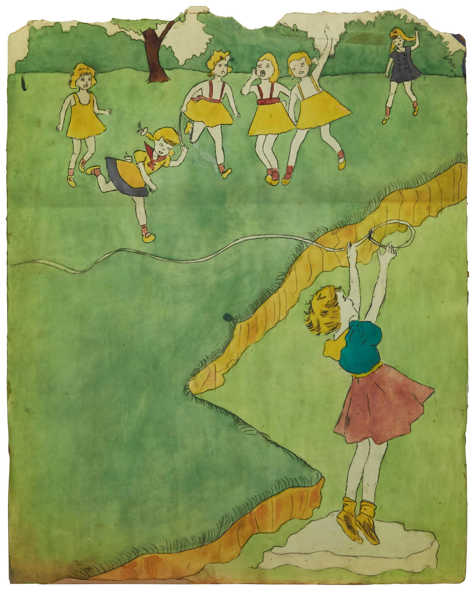 After Henry Darger (1892-1973), Untitled (Pastoral scene - girls with lasso), Double-sided mixed (1 of 3)