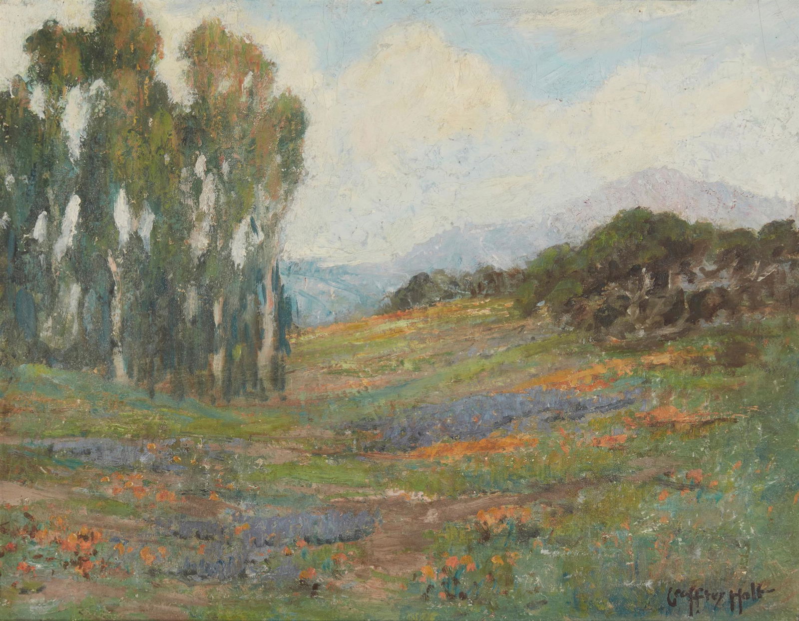 Geoffrey Holt, (1882-1977), Wildflower landscape with eucalyptus trees, Oil on board, 14" H x 18" W (1 of 5)