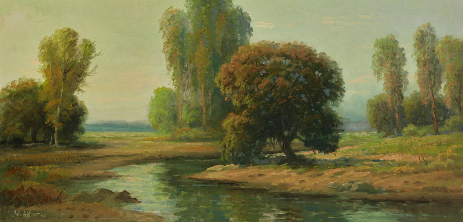 John Anthony Conner (1892-1971), Stream through a landscape, Oil on canvas, 18" H x 36" W: John Anthony Conner(1892-1971)Stream through a landscapeOil on canvasWith the incised signature lower left: John A Conner18" H x 36" W Provenance: Sold: John Moran Auctioneers, Pasadena, CA,