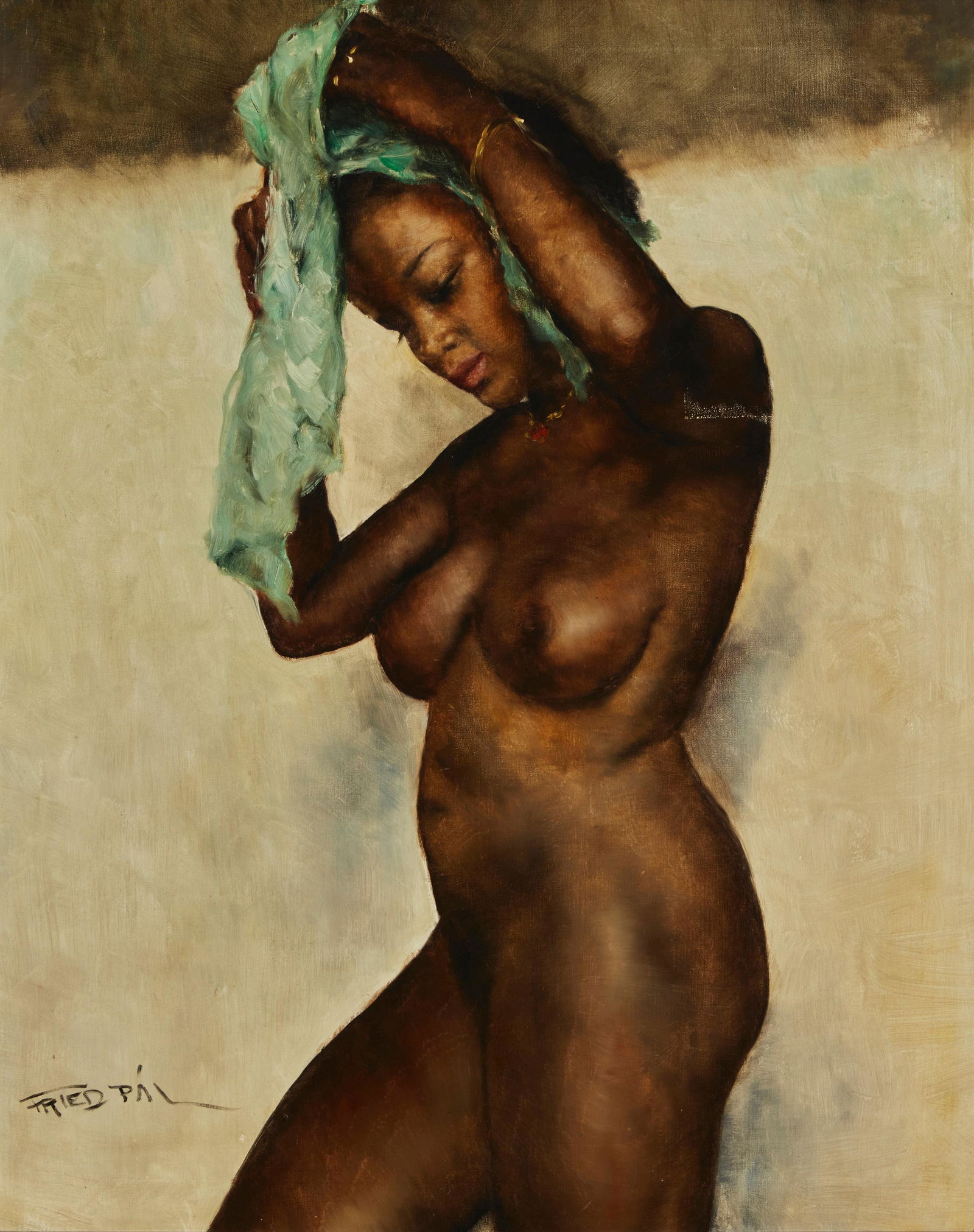 Pal Fried (1893-1976), Nude woman with green towel, Oil on canvas, 30.25" H x 24" W: Pal Fried(1893-1976)Nude woman with green towelOil on canvasSigned lower left: Fried Pal30.25" H x 24" W Other Notes: P.l Fried was born in Budapest in 1893. He received his art education a