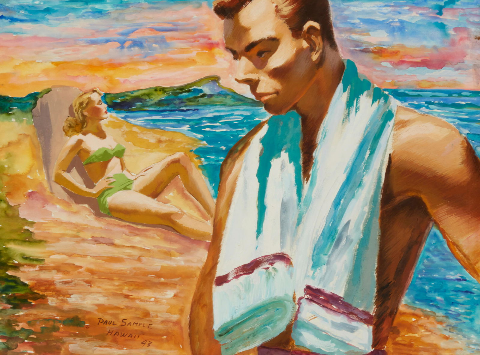 Paul Sample (1896-1974), "Hawaii," 1943, Watercolor on illustration board, 15" H x 20" W: Paul Sample(1896-1974)"Hawaii," 1943Watercolor on illustration boardSigned, titled and dated lower left: Paul Sample15" H x 20" W