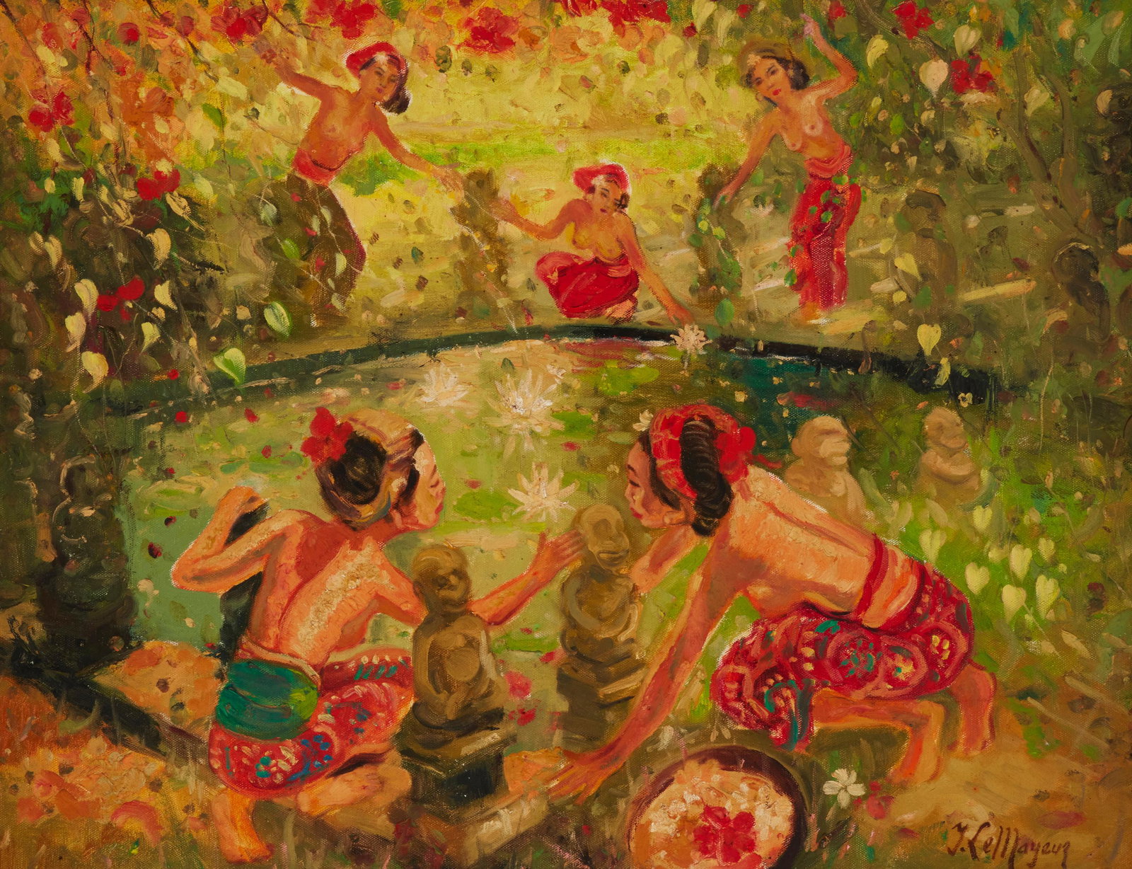 After Adrien Jean Le Mayeur de Merpres (1880-1958), Women surrounding a lotus pond, Oil on canvas,: After Adrien Jean Le Mayeur de Merpres (1880-1958) Women surrounding a lotus pond Oil on canvas Signed lower right: J. Le Mayeur 27.5" H x 35.5" W