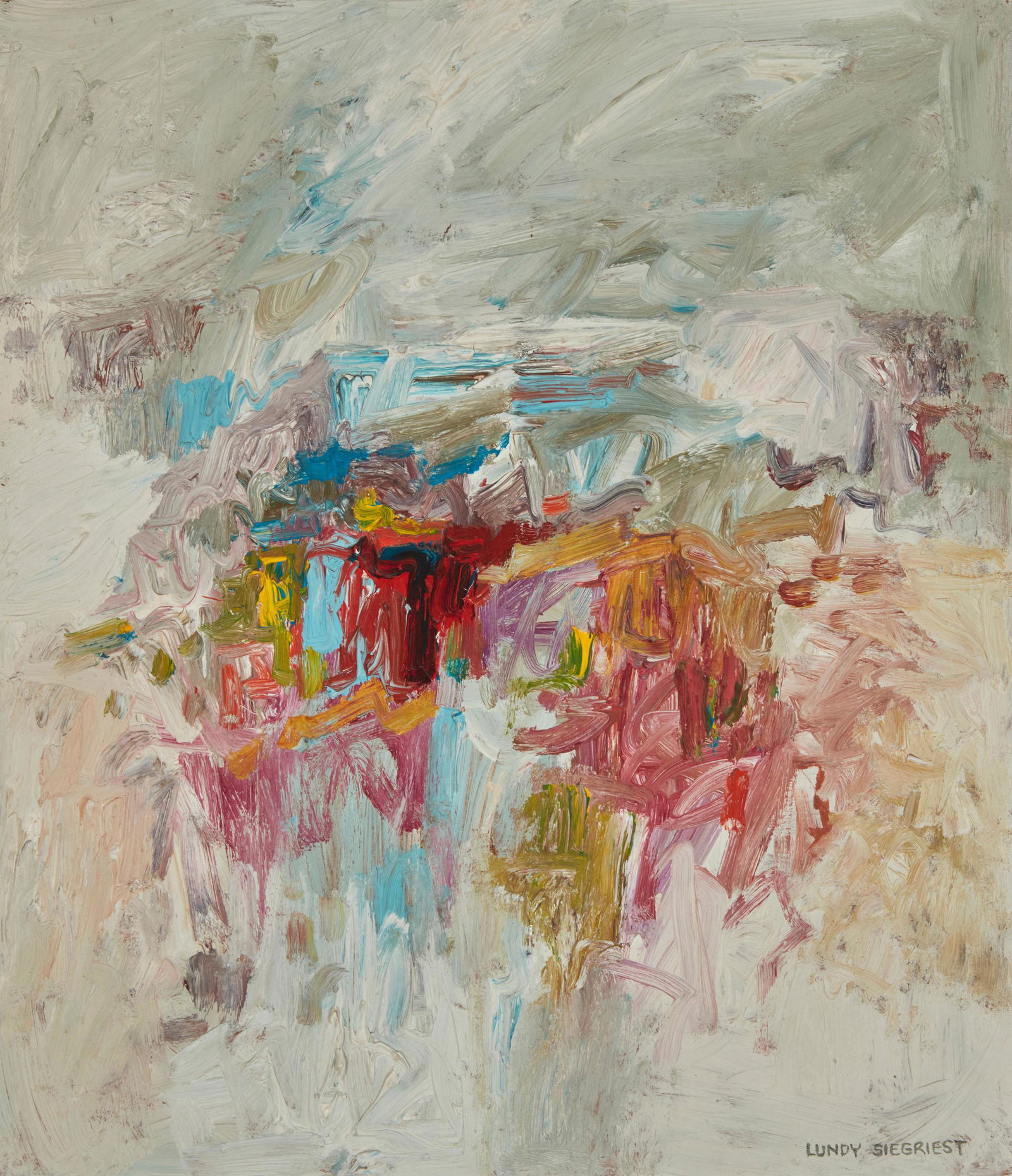 Lundy Siegriest (1925-1985), "Sierra Story," Oil on Masonite, 14" H x 12" W: Lundy Siegriest(1925-1985)"Sierra Story"Oil on MasoniteSigned lower right: Lundy Siegriest; signed again, titled, and inscribed verso: 5203 Miles Ave, / Oakland Calif.14" H x 12" W