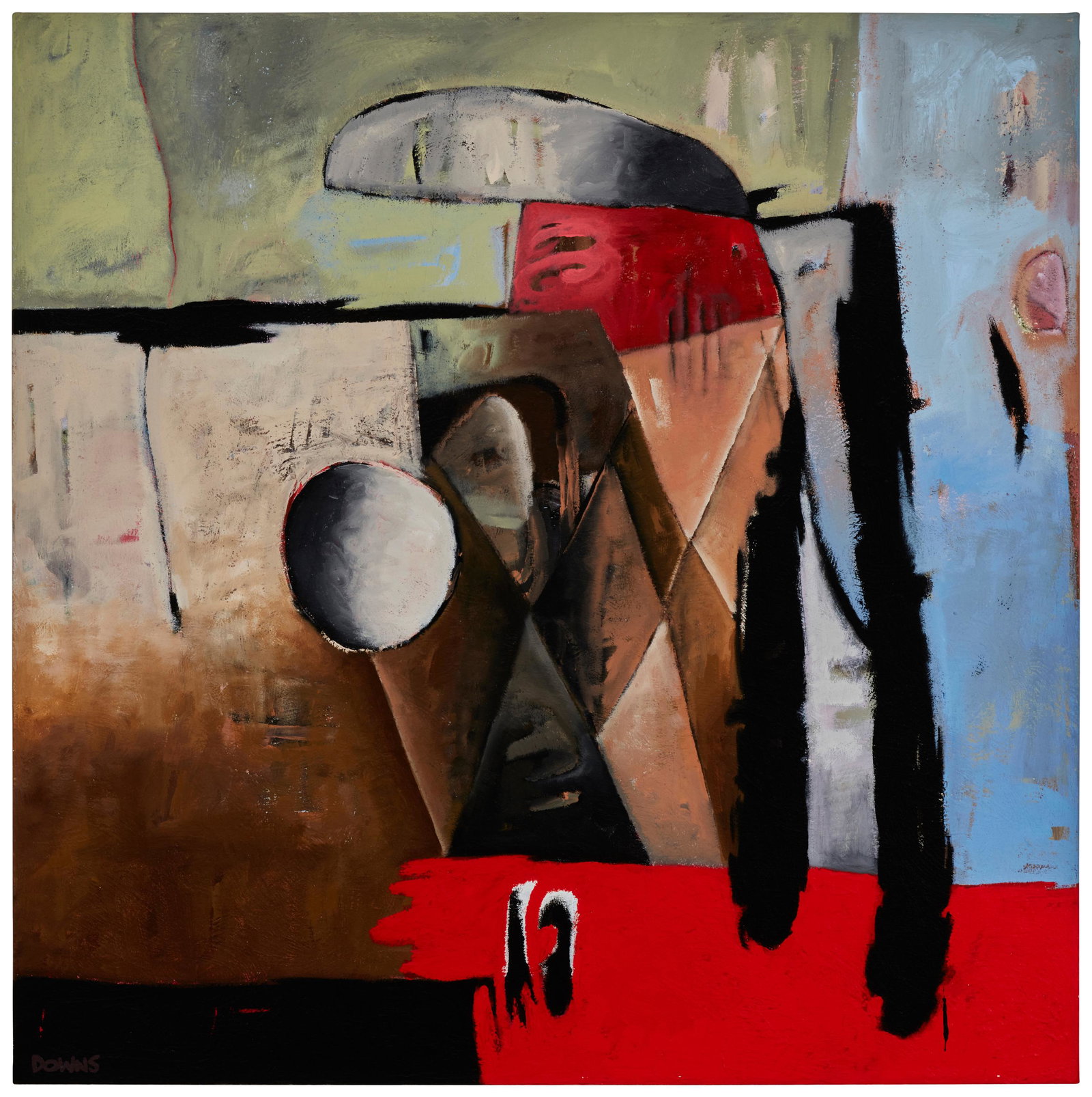 Jeffery Downs (20th century), "Just Prior to Jazz," 1999, Acrylic on canvas, 36" H x 36" W: Jeffery Downs (20th century) "Just Prior to Jazz," 1999 Acrylic on canvas Signed lower left: DOWNS; signed, dated, and inscribed, verso: A.F.T.L.O.M.S. 36" H x 36" W Provenance: Pr