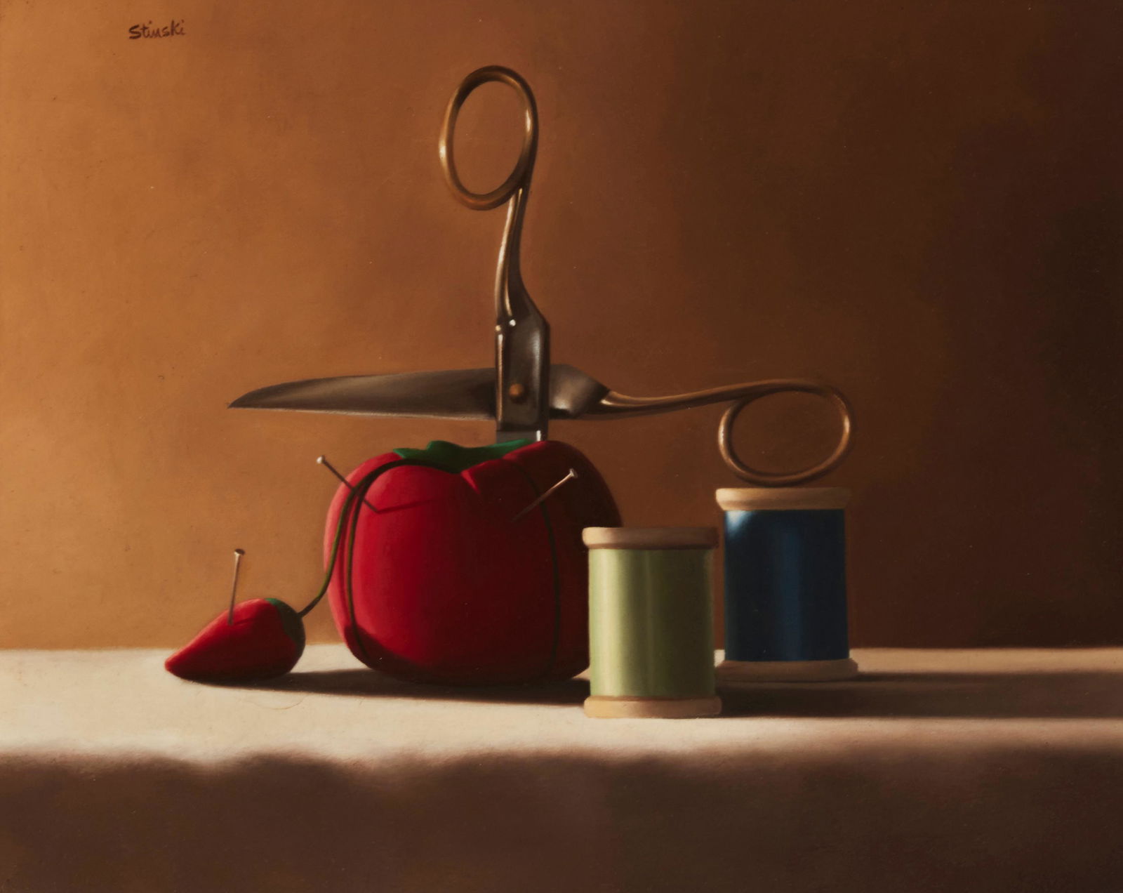 Gerald Stinski (1929-2015), Sewing tools still life, Oil on Masonite, 8" H x 10" W (1 of 5)