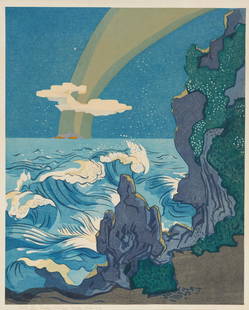 Stanton MacDonald-Wright (1890-1973), "Wild Sea and the Milky Way Athwart the Island of Sado," from: Stanton MacDonald-Wright(1890-1973)"Wild Sea and the Milky Way Athwart the Island of Sado," from "Haiga Portfolio"Woodcut in colors on paperEdition: 5/50Signed, dated, numbered, and inscribed in ink i