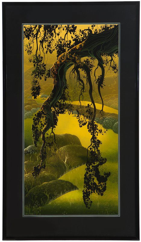 Eyvind Earle (1916-2000): Tree in a Landscape, signed in ink lower right: Eyvind Earle, numbered lower left: 40/200, serigraph on paper under Plexiglas, sight size: 39.5'' x 19.5'', est:$500/700. Provenance: Private Collection