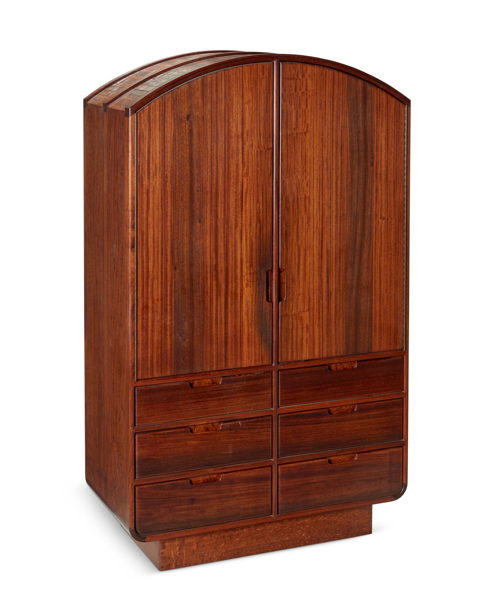John Nyquist (1936-2018), An English Oak and Paduak wood armoire, circa 1978, 78.5" H x 47.75" W x: John Nyquist (1936-2018)An English Oak and Paduak wood armoire, circa 1978Designed 1977Marked with the artist's logo incised to the bottom right cornerThe round-topped armoire wardrobe with six recess