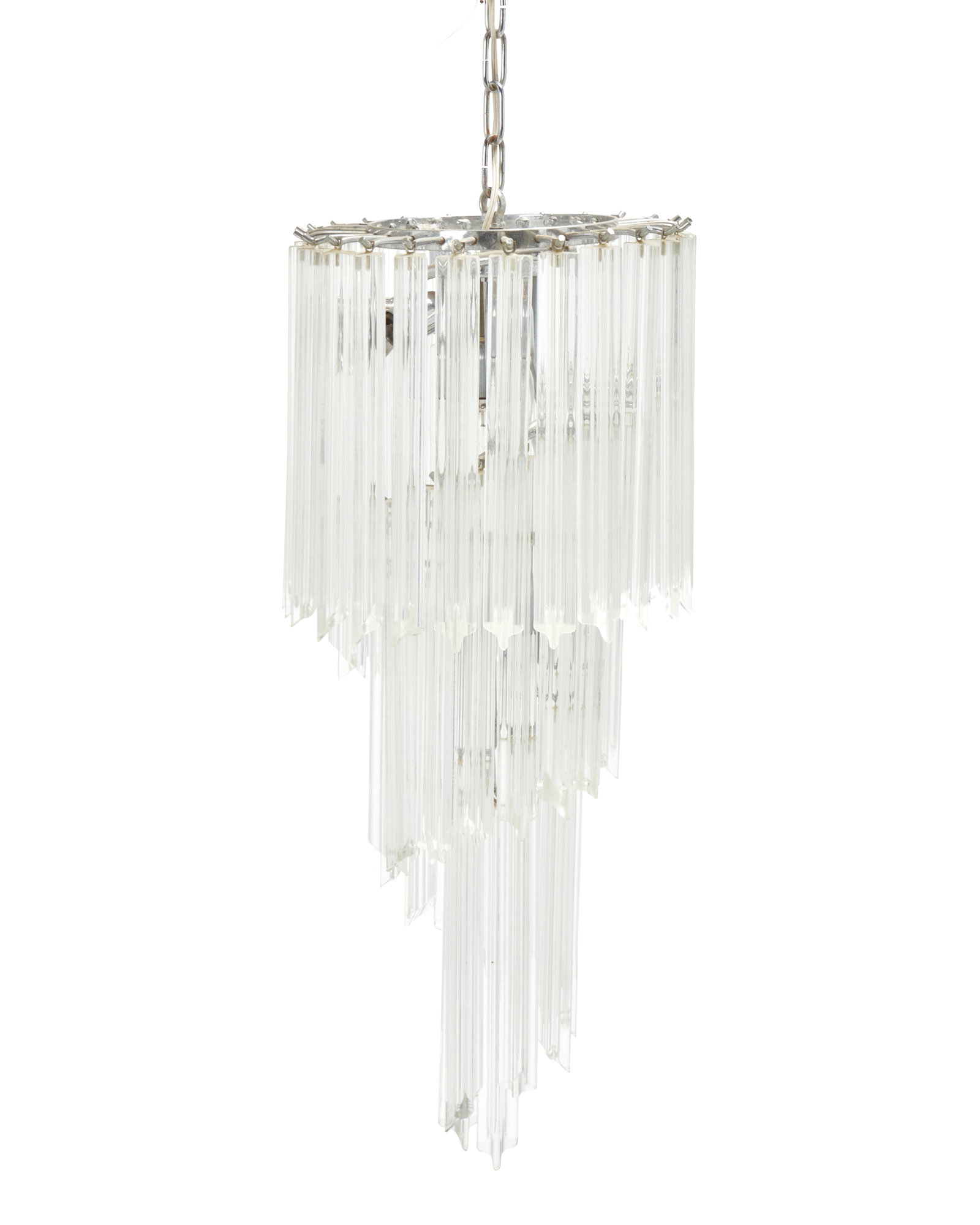 An Italian Murano glass chandelier: An Italian Murano glass chandelier Circa 1960s; Venice, Italy With a foil label to the metal: Murano / Made in Italy Possibly designed by Venini for Camer, the five-light chandelier with clear glass r