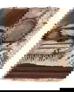 Malcolm Leland (1922-2019), Wall sculpture, mid-20th century, Cement, metal, fabric, and wood, 14" H: Malcolm Leland(1922-2019)Wall sculpture, mid-20th centuryCement, metal, fabric, and woodAppears unsigned14" H x 11.5" W x 4.5" D Provenance: From the estate of Mary Jane Leland
