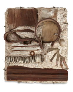 Malcolm Leland (1922-2019), Wall sculpture, mid-20th century, Cement, metal, fabric, and wood, 14" H: Malcolm Leland(1922-2019)Wall sculpture, mid-20th centuryCement, metal, fabric, and woodAppears unsigned14&quot; H x 11.5&quot; W x 4.5&quot; D Provenance: From the estate of Mary Jane Leland