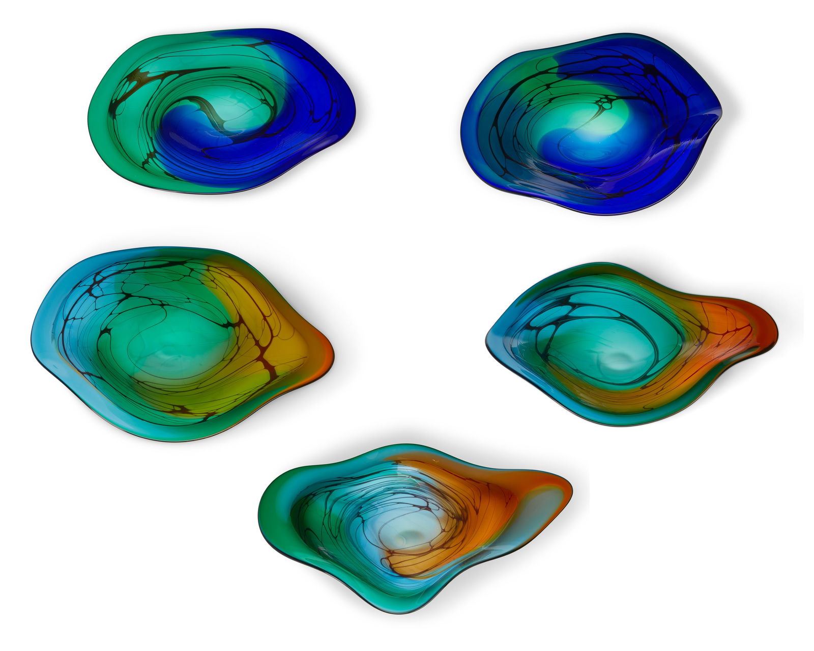 Dennis K. Mullen (b. circa 1950s), Five glass bowls, 2001, Largest: 6" H x 25" W x 17" D; smallest: (1 of 16)