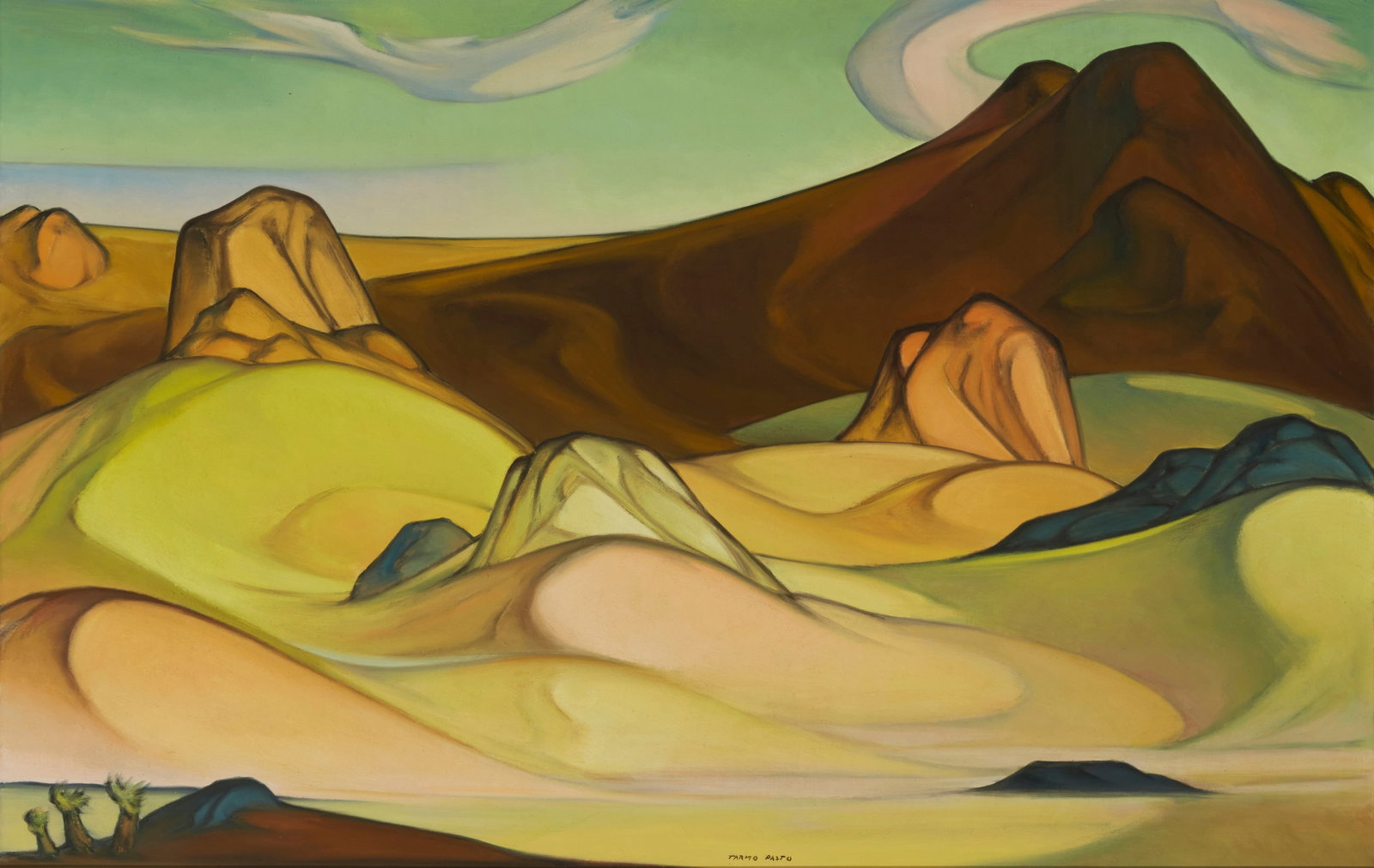 Tarmo Pasto (1906-1986), "Golconda II," Oil on canvas, 38" H x 60" W: Tarmo Pasto (1906-1986) "Golconda II" Oil on canvas Signed near the center of the lower edge: Tarmo Pasto; titled in pencil on the stretcher bar, verso 38" H x 60" W Notes: This lo