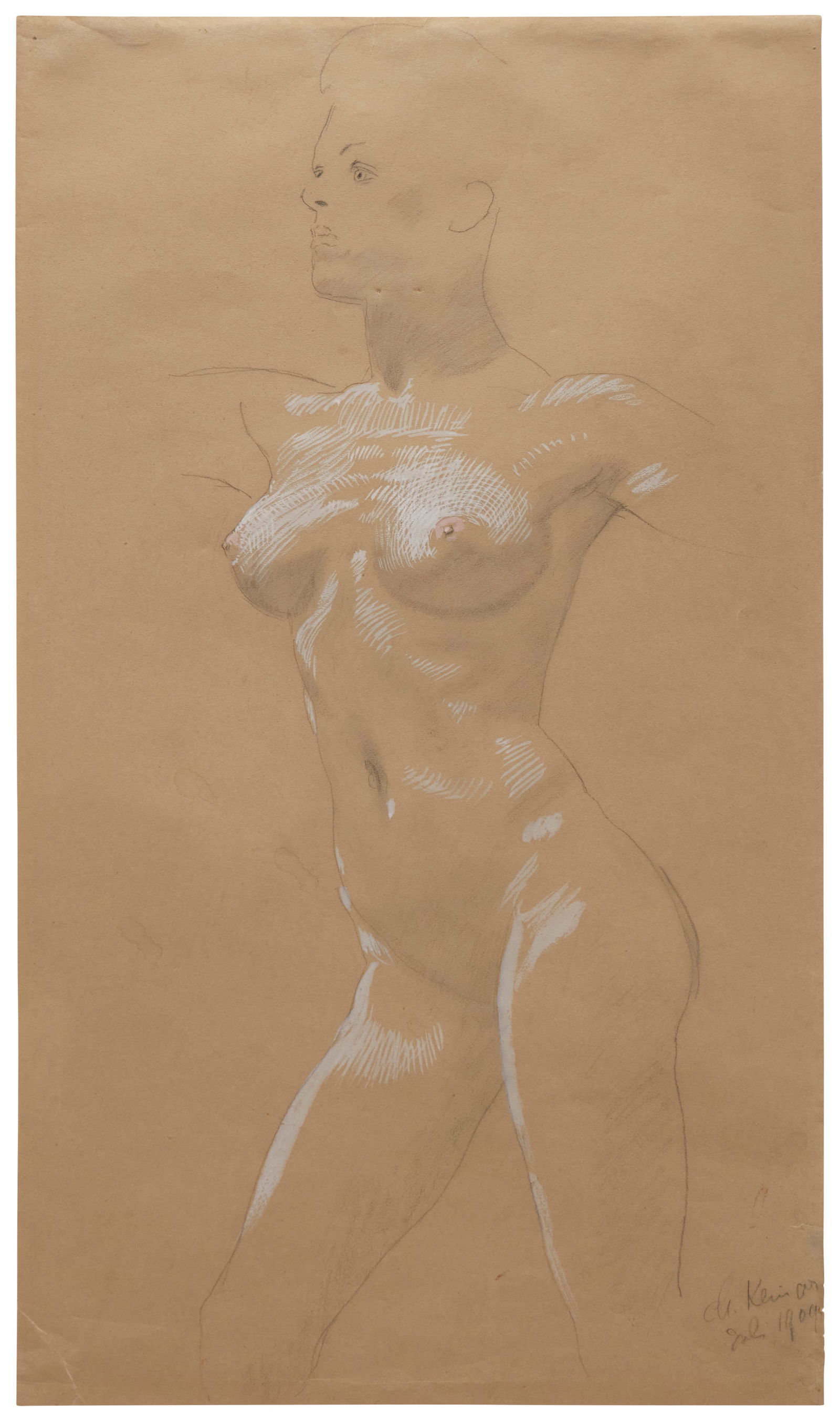 Max Klinger, (1857-1920), Female nude, 1909, Pencil and gouache on beige paper, Sheet: 27.625" H x: Max Klinger(1857-1920)Female nude, 1909Pencil and gouache on beige paperSigned and dated lower right: M. Klinger / Jul 1909Sheet: 27.625" H x 15" W Provenance: Shepherd Gallery, New York, NY