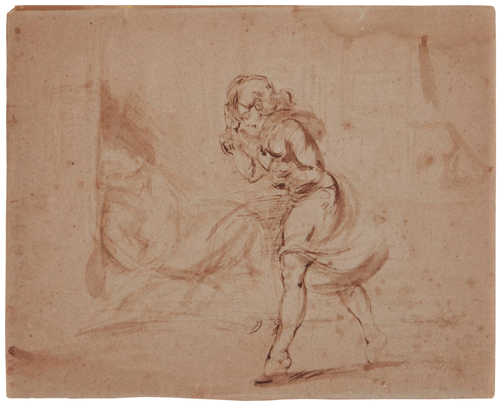 Reginald Marsh (1898-1954), "Walking Girl with Sleeping Tramp in a Doorway," Ink and inkwash on: Reginald Marsh(1898-1954)"Walking Girl with Sleeping Tramp in a Doorway"Brown ink and inkwash on oatmeal-colored wove paperUnsigned12.25" H x 15.5" W Provenance: Sold (with another