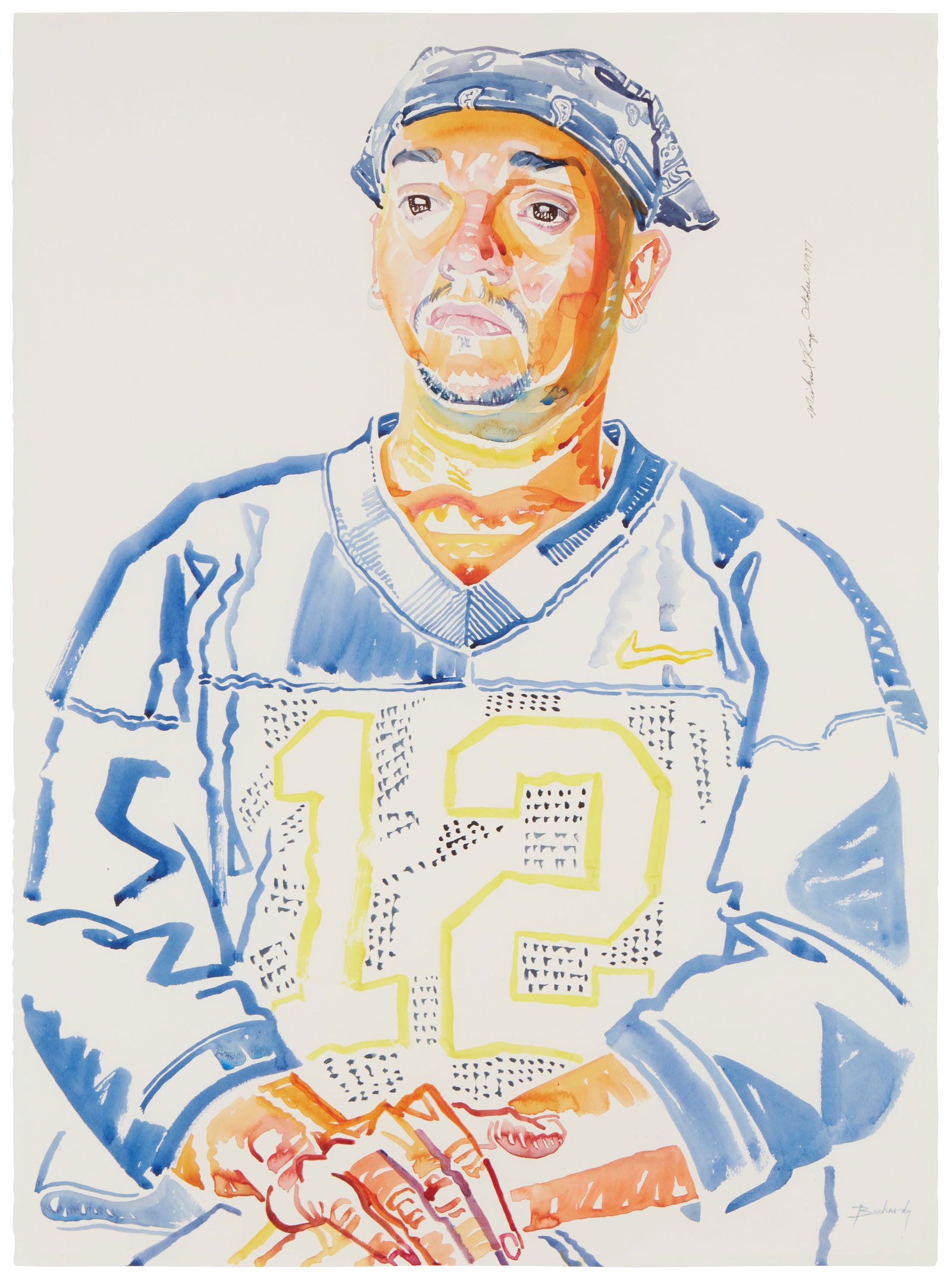 Don Bachardy (b. 1934), "Michael Rago October 10, 1997," 1997, Watercolor on paper, Sheet: 30" H x: Don Bachardy(b. 1934)"Michael Rago October 10, 1997," 1997Watercolor on paperSigned lower right: Bachardy; titled in ink upper rightSheet: 30" H x 22.25" W Provenance: Sold: Clark'