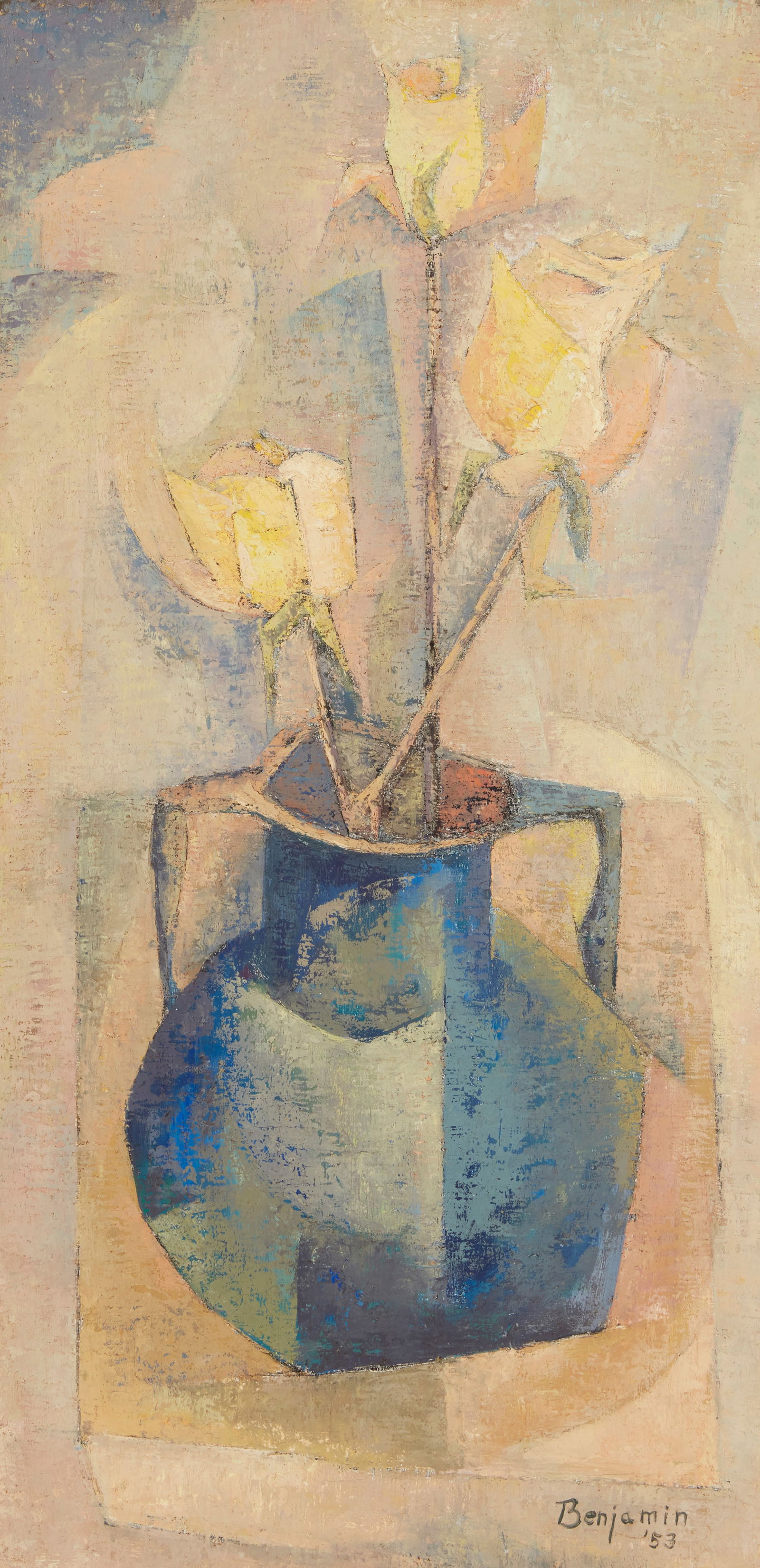 Karl Benjamin (1925-2012), "Yellow and Blue Roses," 1953, Oil on canvas, 24.25" H x 12.25" W: Karl Benjamin(1925-2012)"Yellow and Blue Roses," 1953Oil on canvasSigned and dated lower right: Benjamin; signed again and titled on the stretcher24.25" H x 12.25" W Provenance: Private Collection, ac