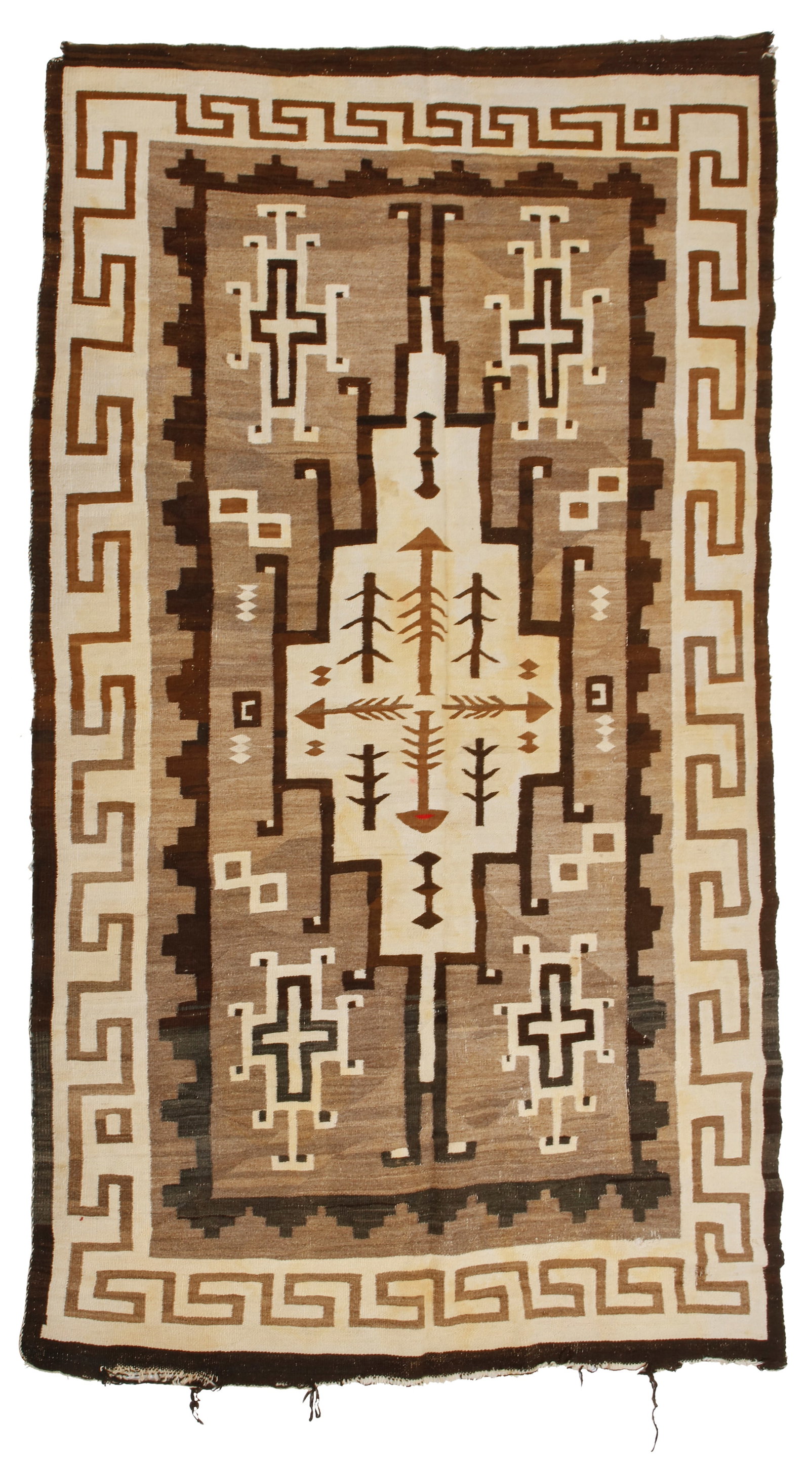 A Navajo Two Grey Hills rug: A Navajo Two Grey Hills rug Early/mid-20th century; DinE A large pictorial rug woven in cream, grey, red, and brown wool with a large central hooked diamond with floating motifs including arrows and a