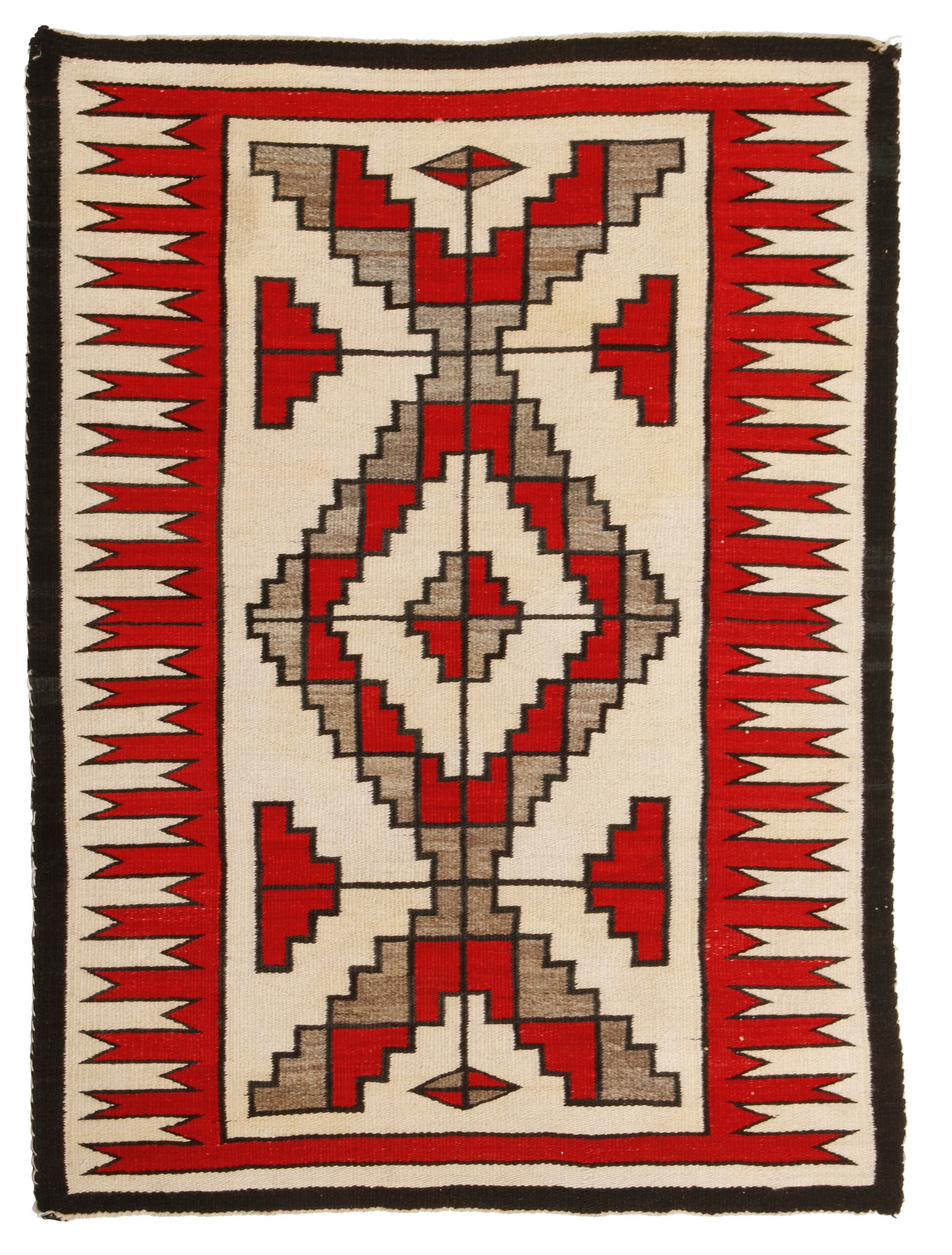 A Navajo regional rug: A Navajo regional rug Mid-20th century, DinE Woven in red, cream, grey, brown, and dark grey/black wool with a central stepped conjoined diamond and elaborate border to long sides 49.5" H x 36" W